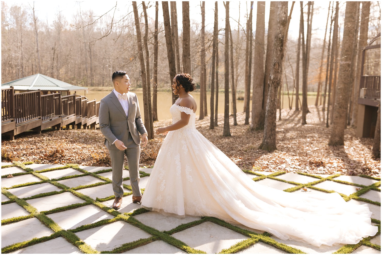First look between bride and groom at The Barn at Valhalla in Raleigh, NC