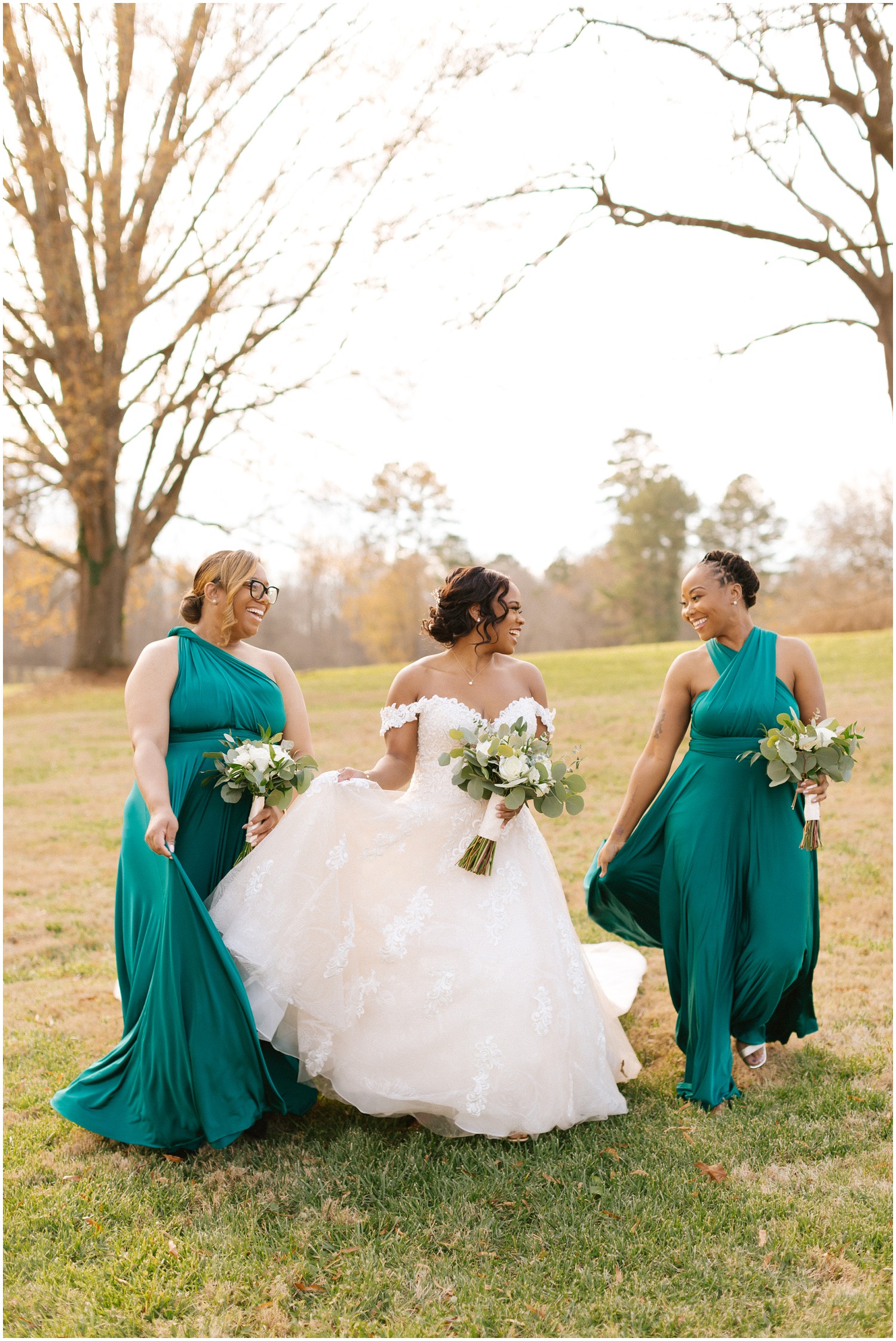 Bride and her friends walking together at The Barn at Valhalla.