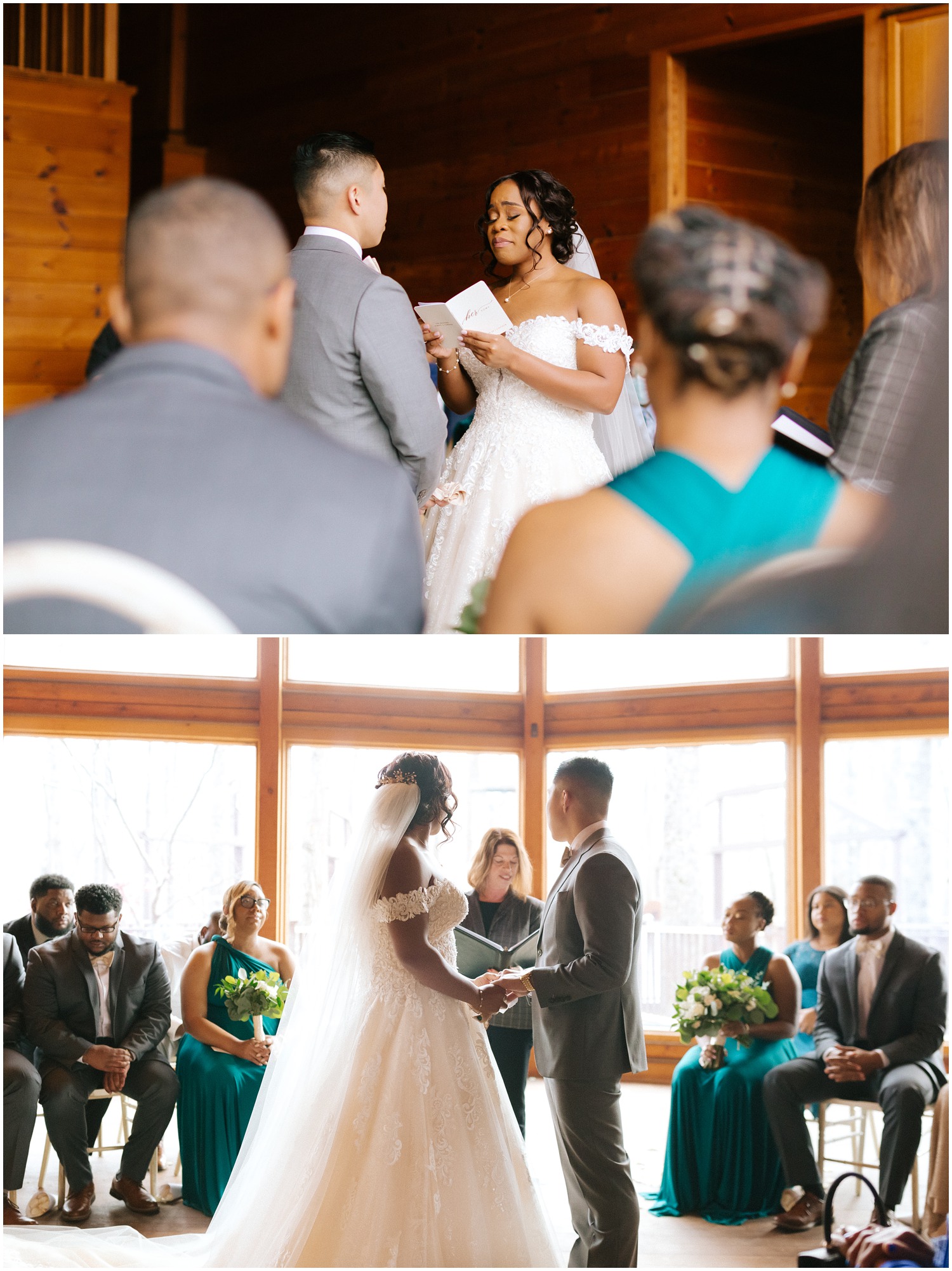 Bride gets emotional reading her vows during wedding ceremony at The Barn at Valhalla in Raleigh, NC
