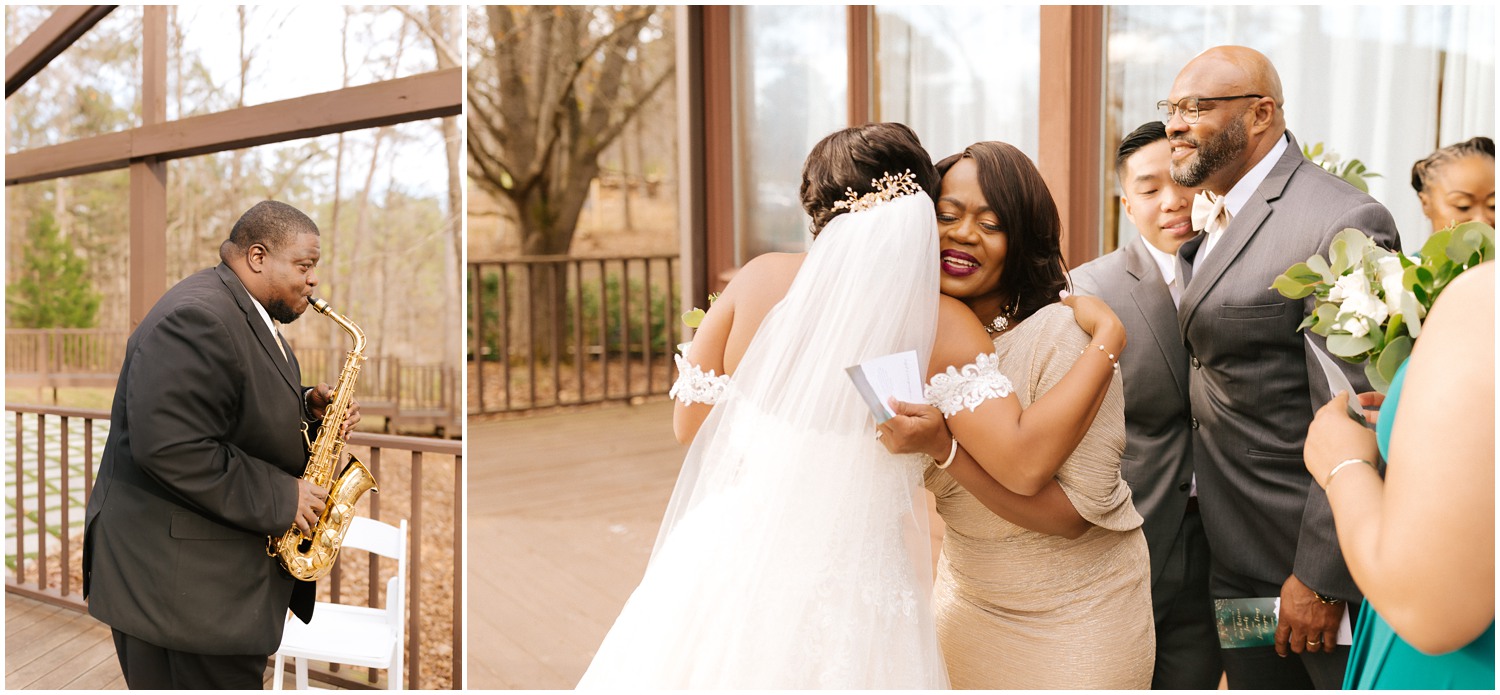 Bride and her mother share an embrace after wedding ceremony in Raleigh, NC