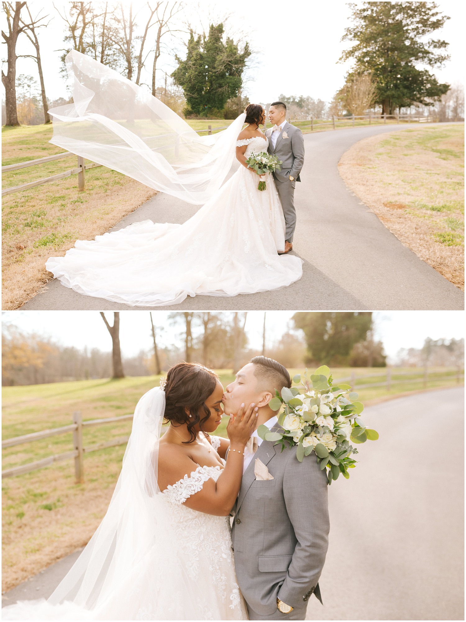 Veil flying in the wind during couples portraits at Raleigh Wedding in North Carolina.