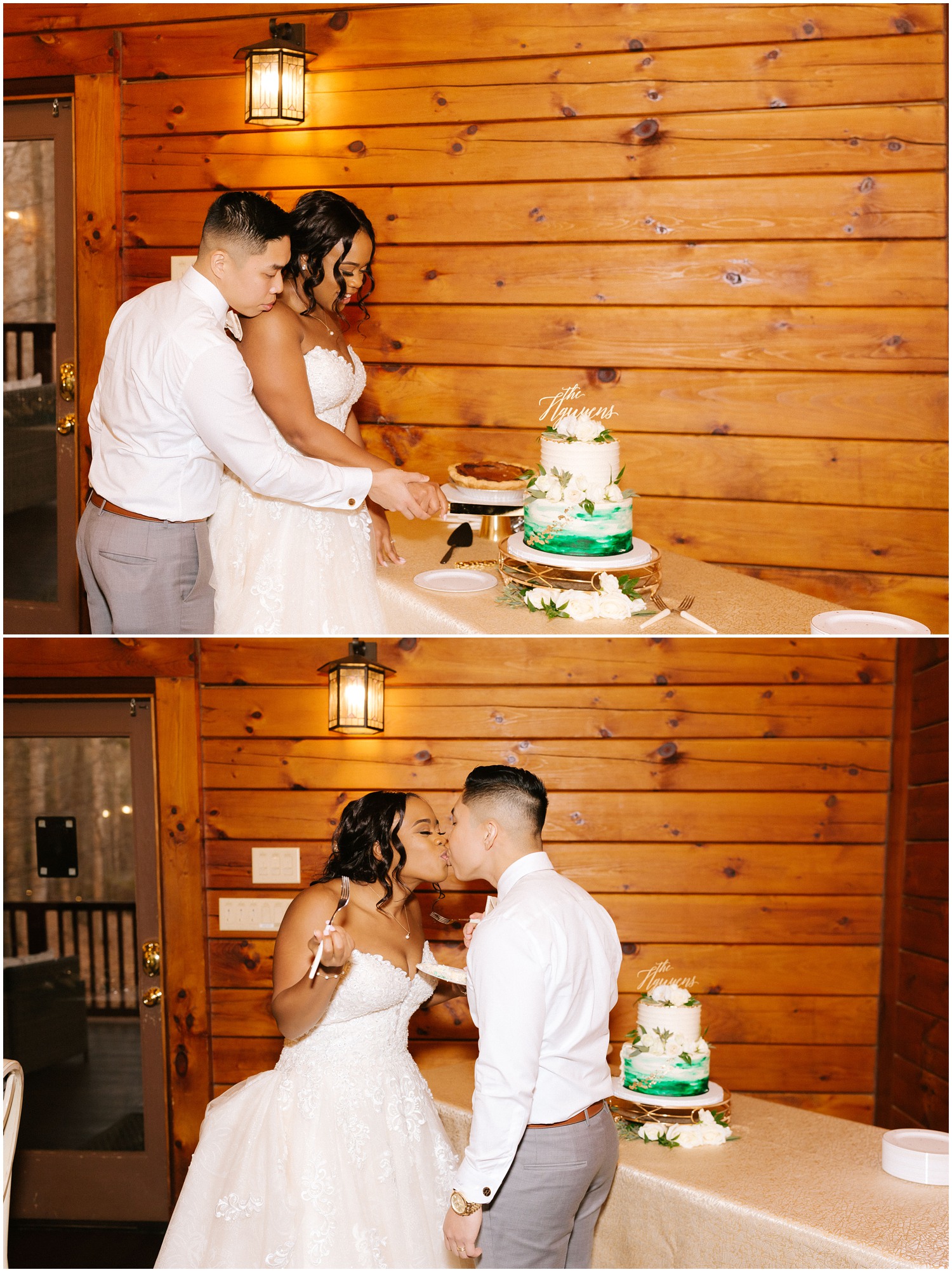 Couples cuts their wedding cake in Raleigh, NC.