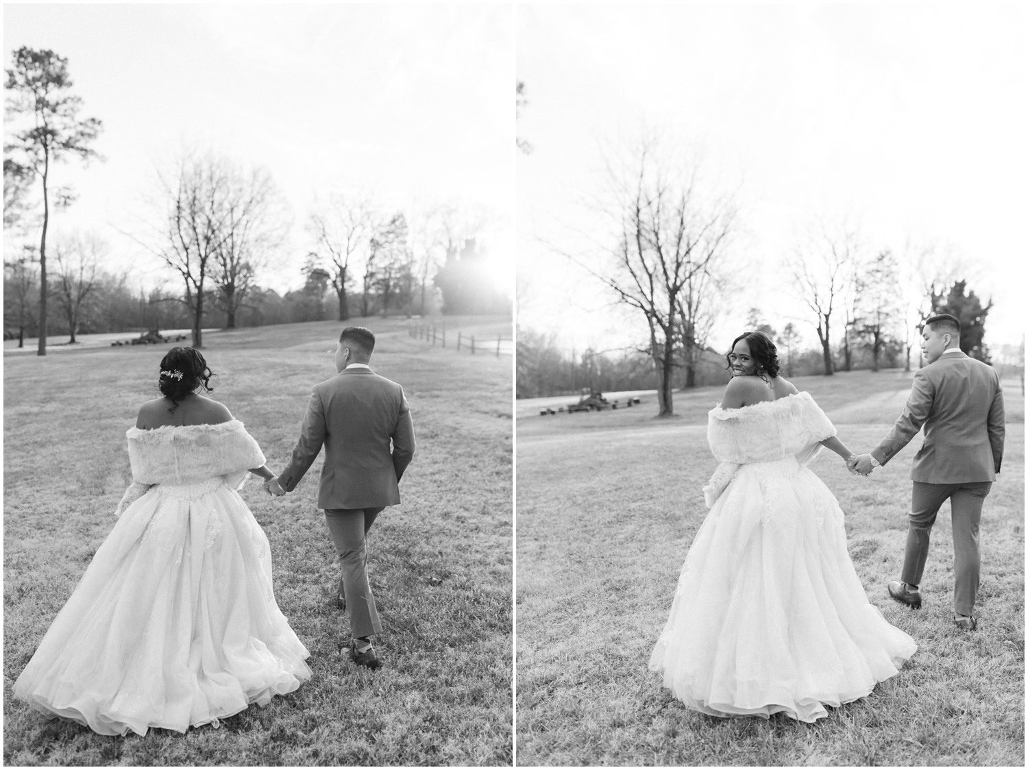 Couple walks away into the sunset on their wedding day photographed by Winston Salem Wedding Photographer Chelsea Renay.