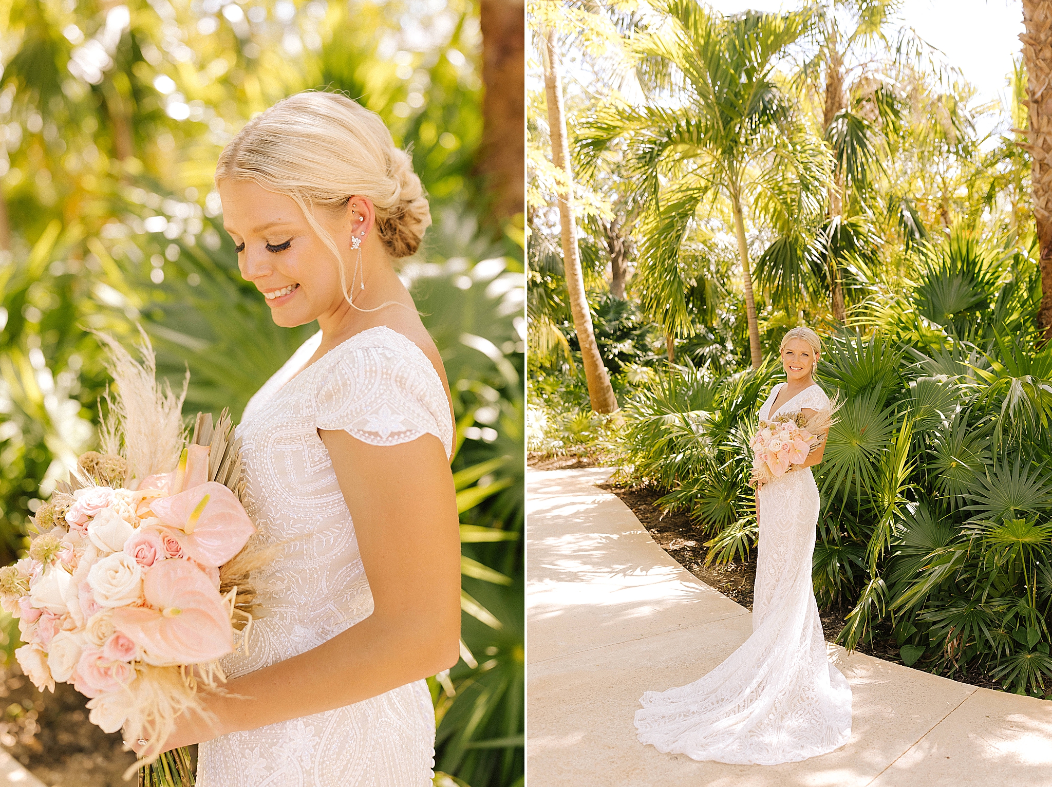Playa Del Carmen bridal portraits on pathway with palm trees