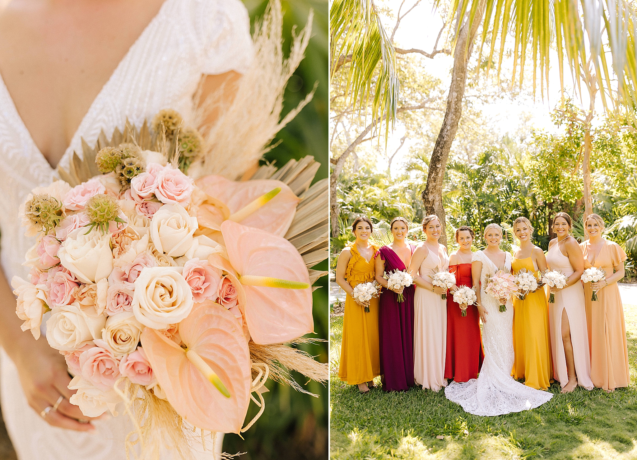 bride holds tropical bouquet with pink flowers