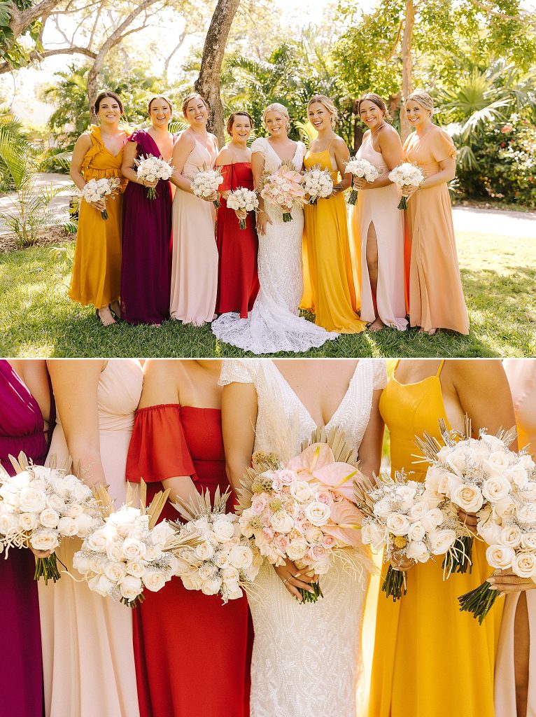 bridesmaids in mismatched jewel toned gowns in Mexico