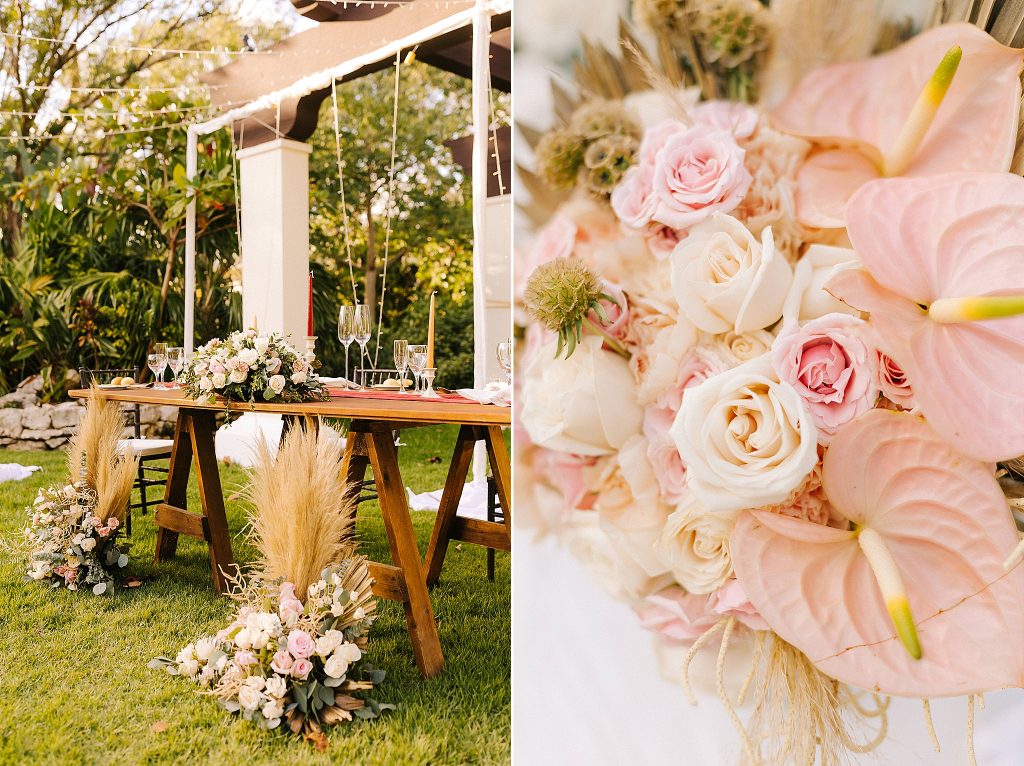 wedding reception details with pink flowers at Sandos Playacar