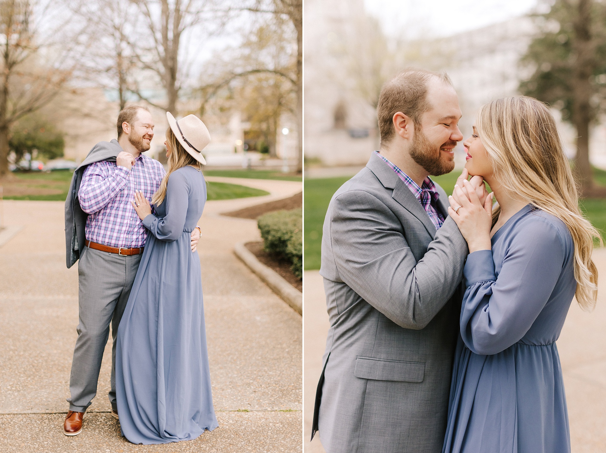 bride and groom pose together during Downtown Raleigh engagement photos 