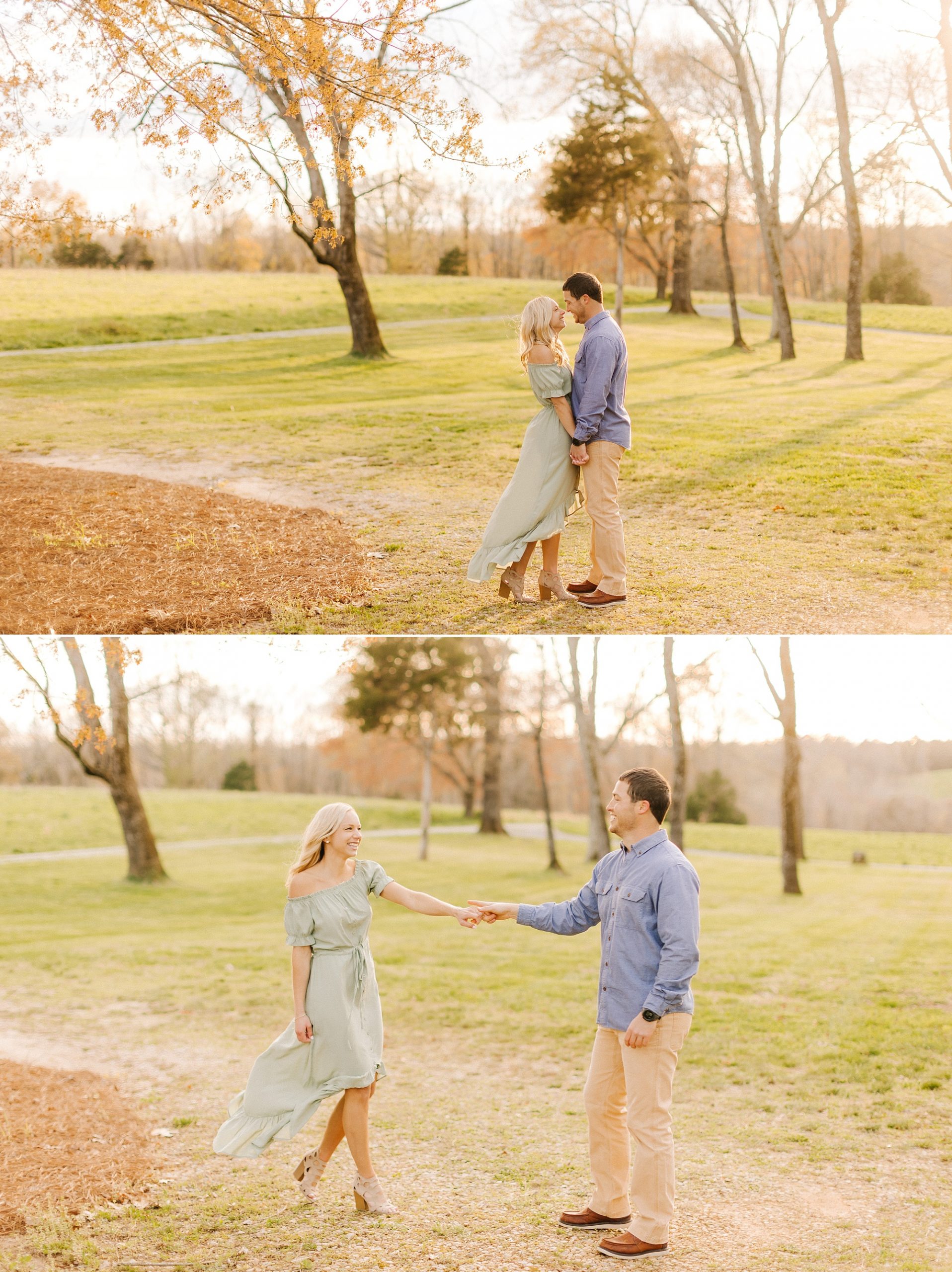bride and groom pose together during sunset Summerfield Farms engagement session