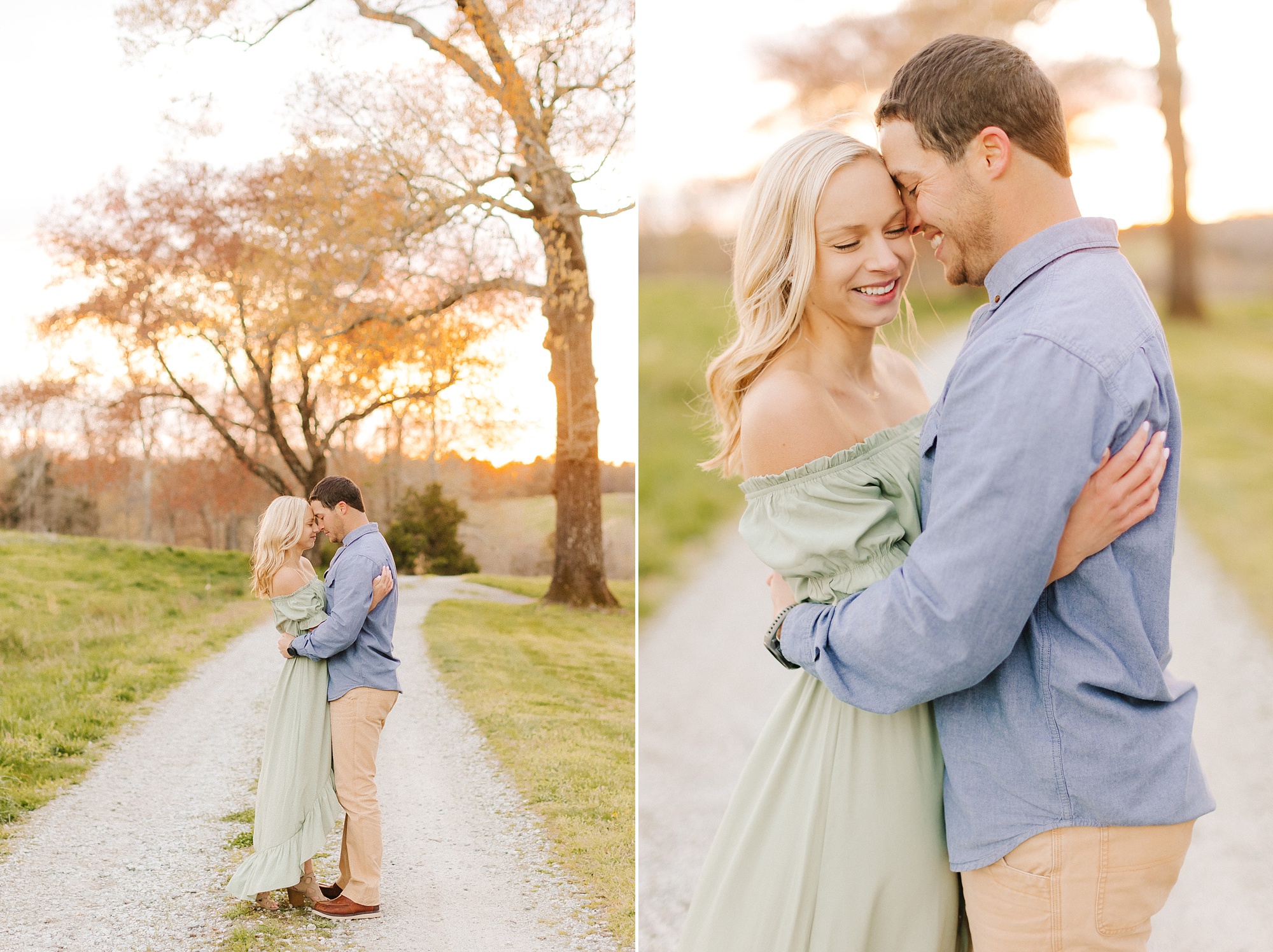 bride and groom pose on path during sunset engagement photos