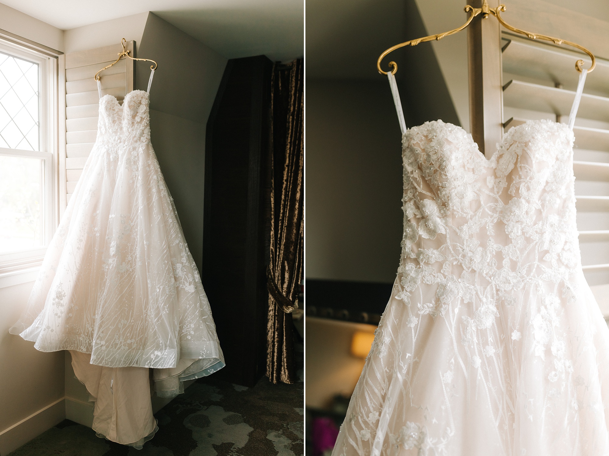 wedding dress hangs in window of Grand Bohemian Hotel 