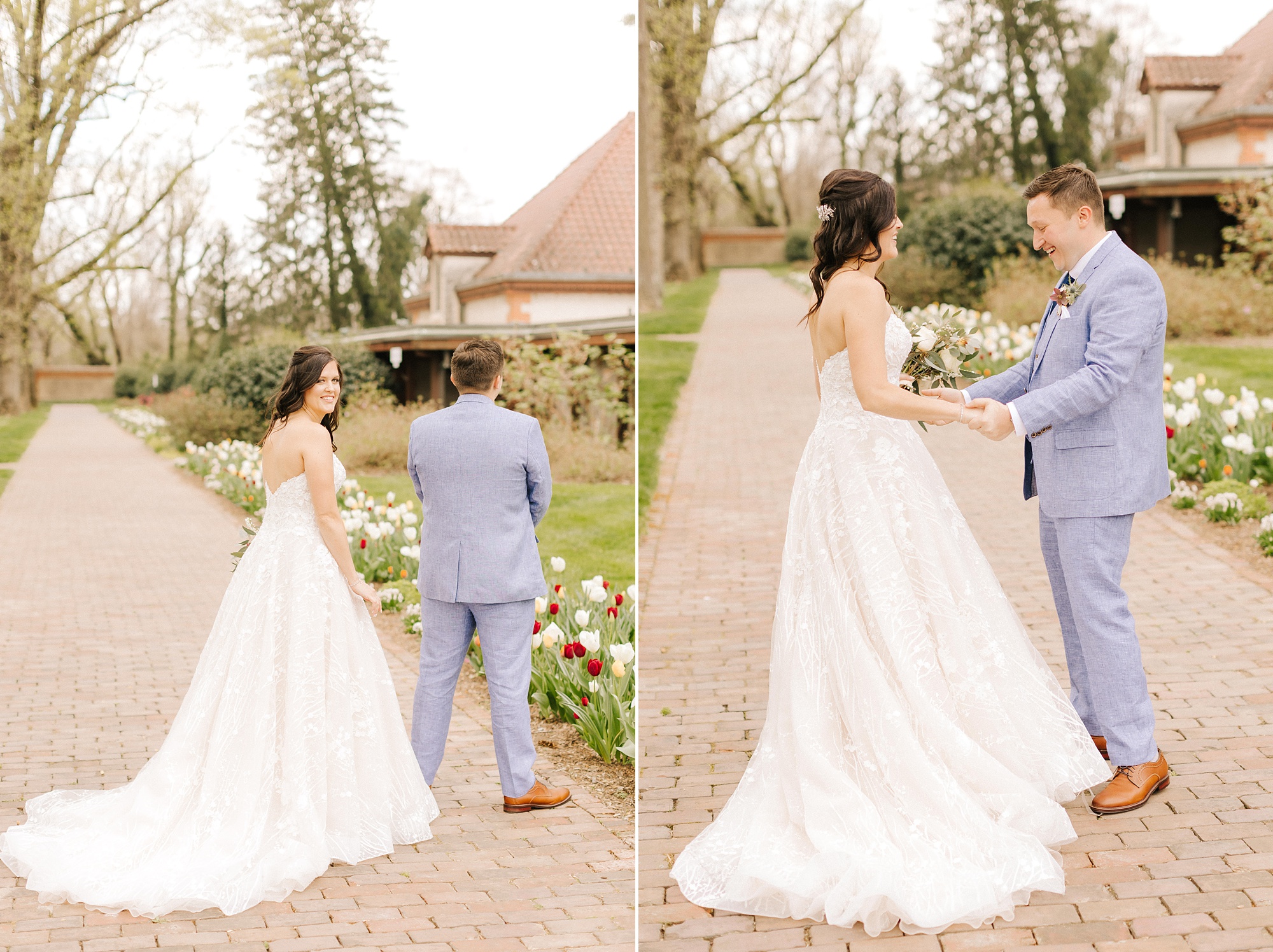bride and groom have first look before Asheville elopement 