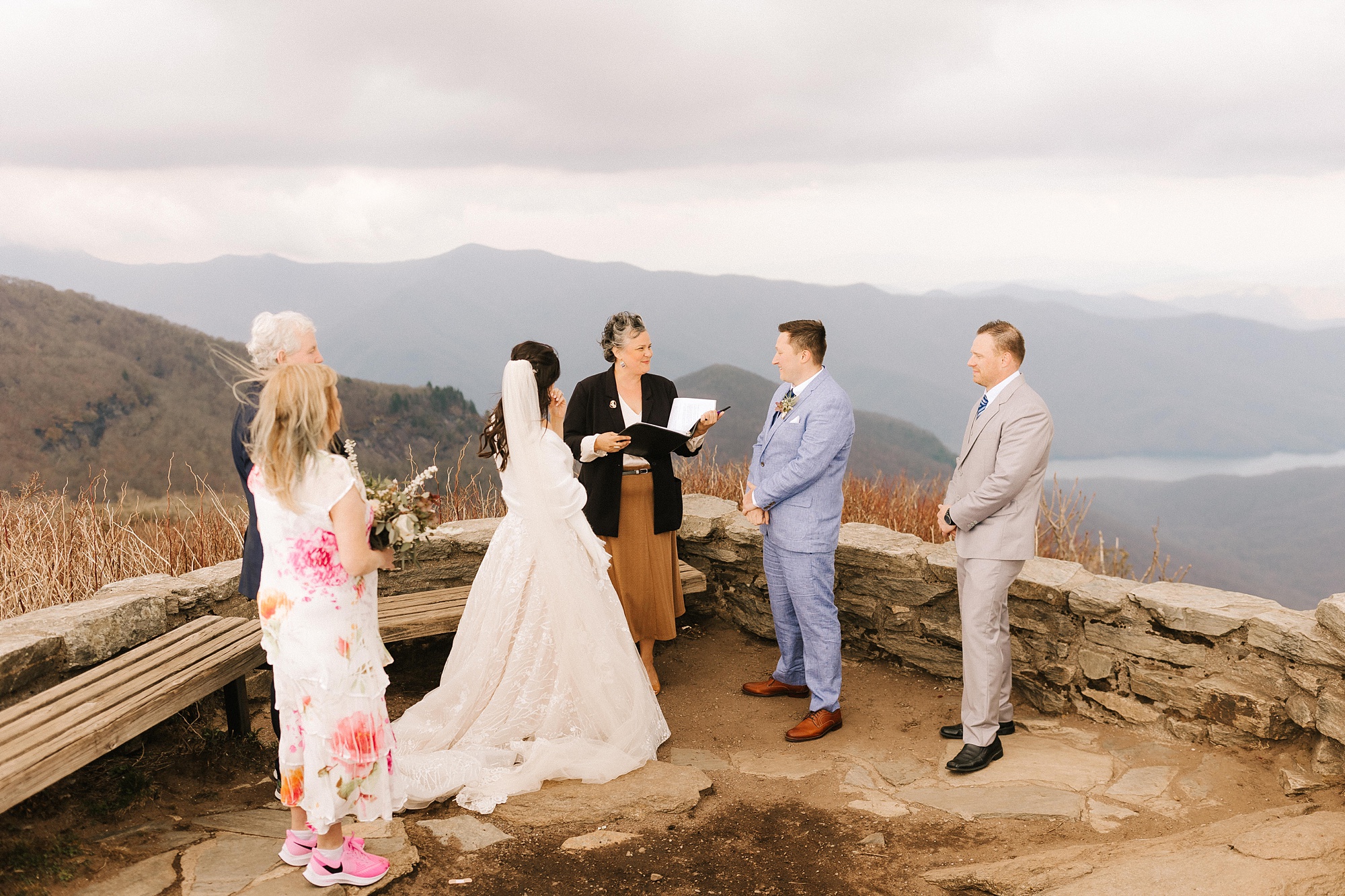Asheville Elopement at Craggy Pinnacle with bride and groom along with families 