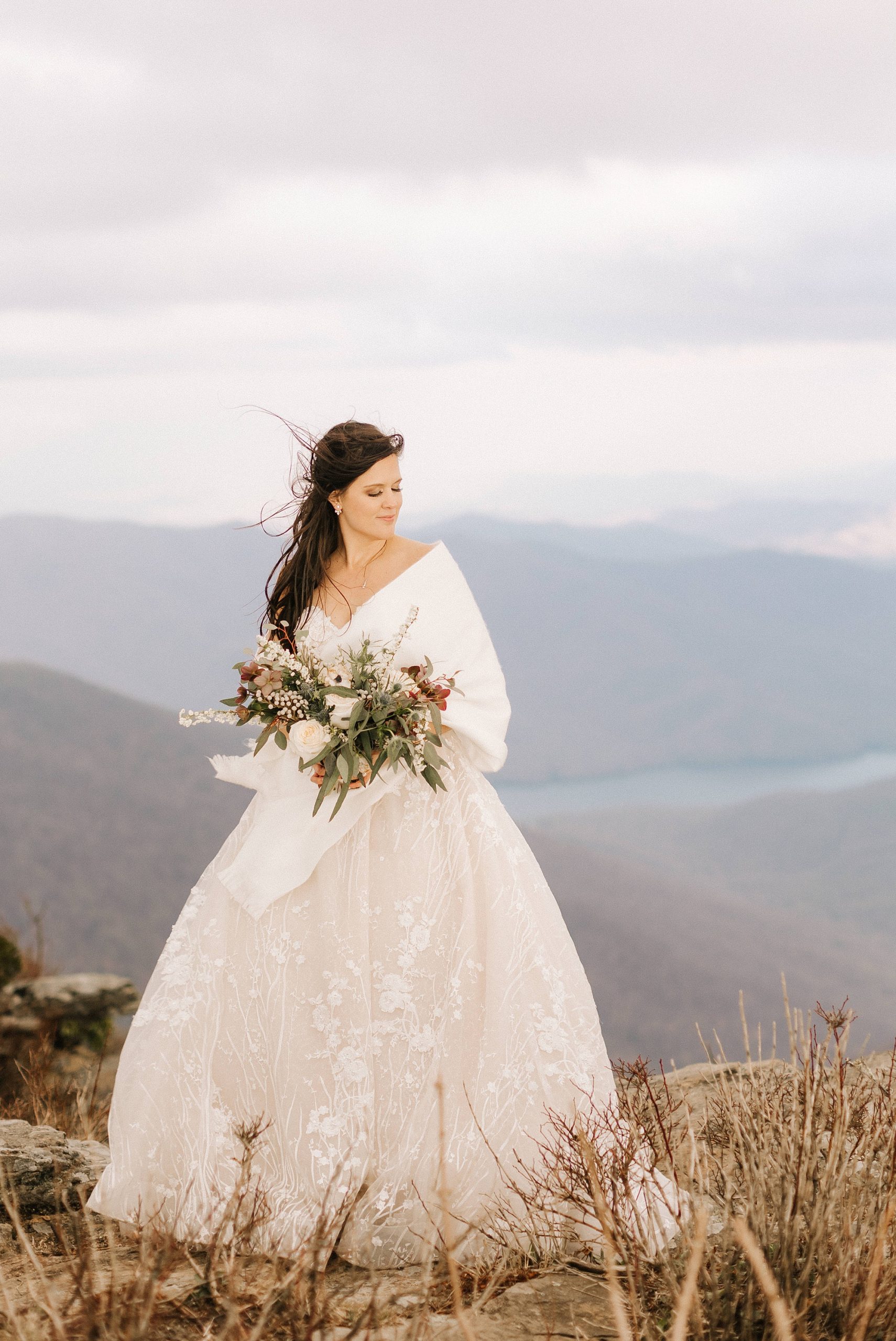bridal portraits on mountaintop in Asheville NC