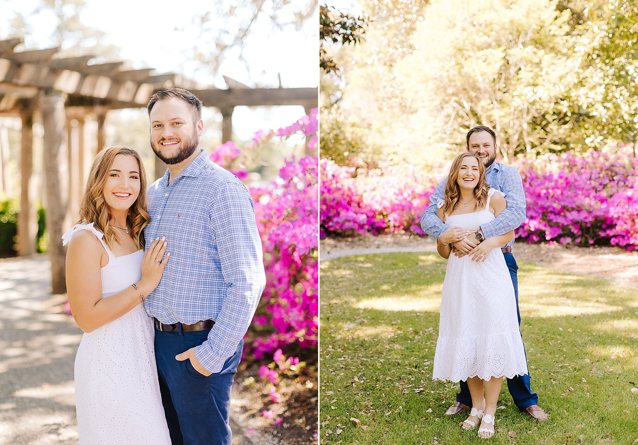 Wilmington engagement session in the gardens with pink flowers