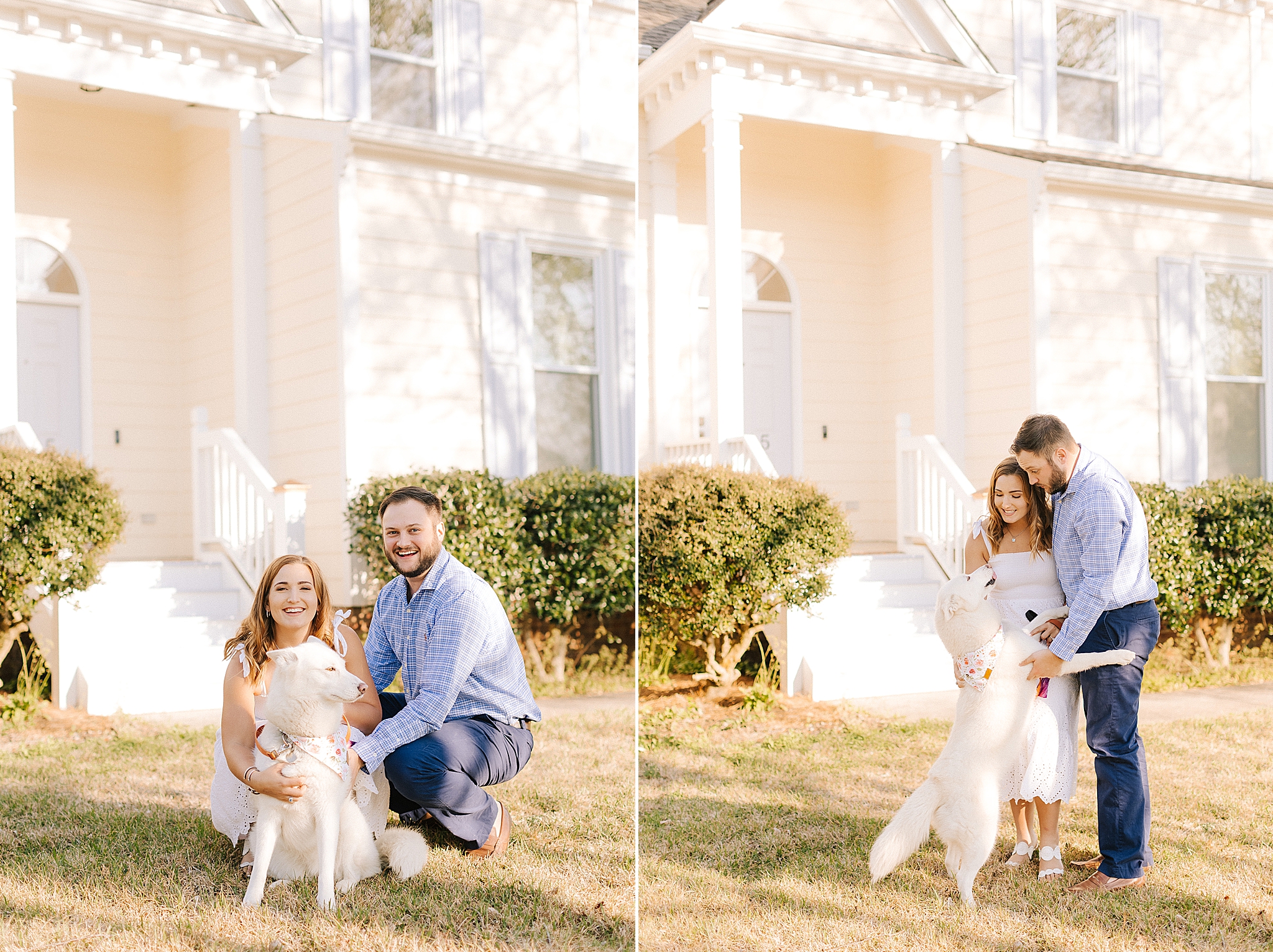 engaged couple poses with dog during Wilmington engagement session