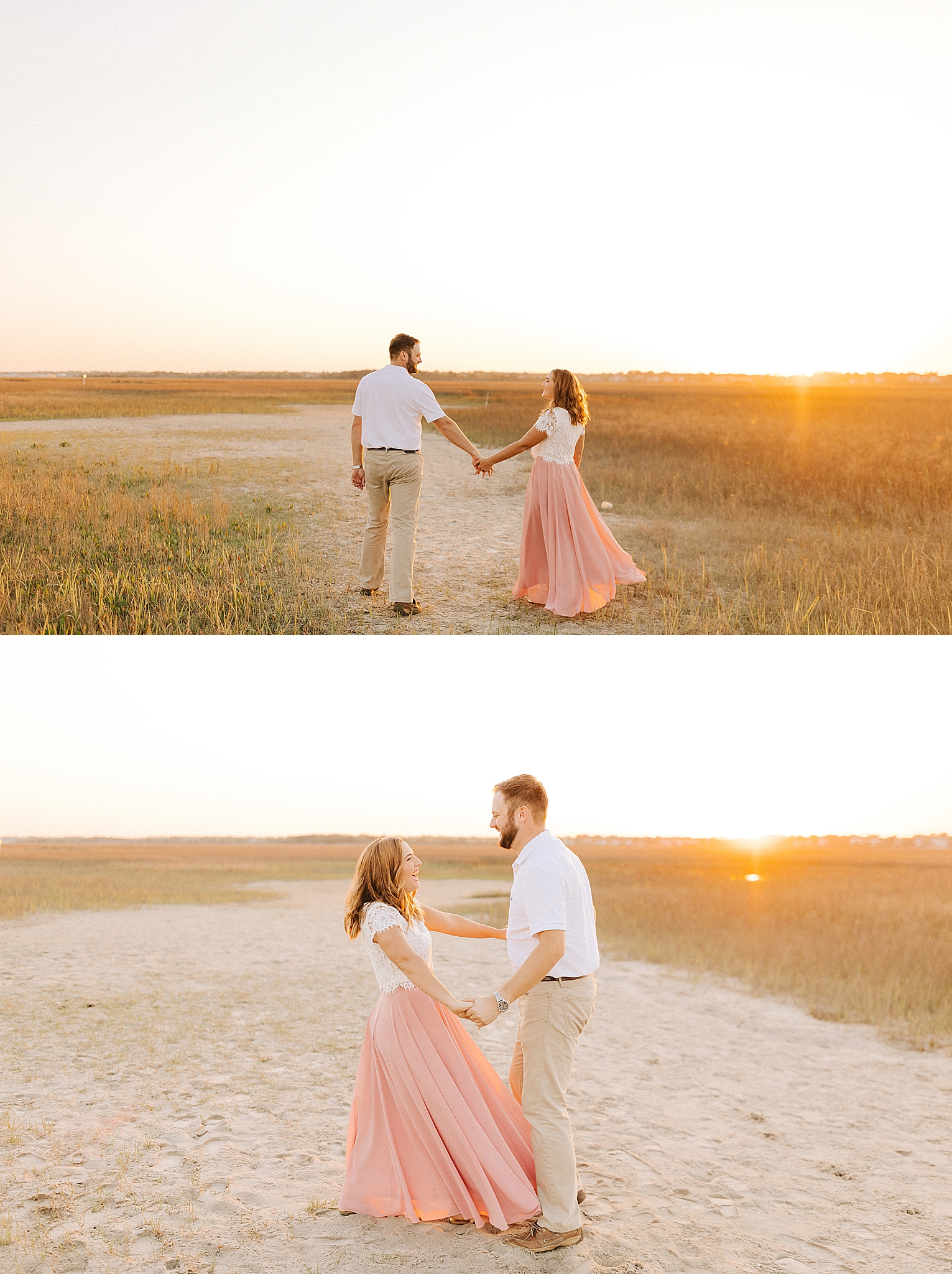 Wilmington engagement session at sunset in tall grass on Wrightsville Beach 