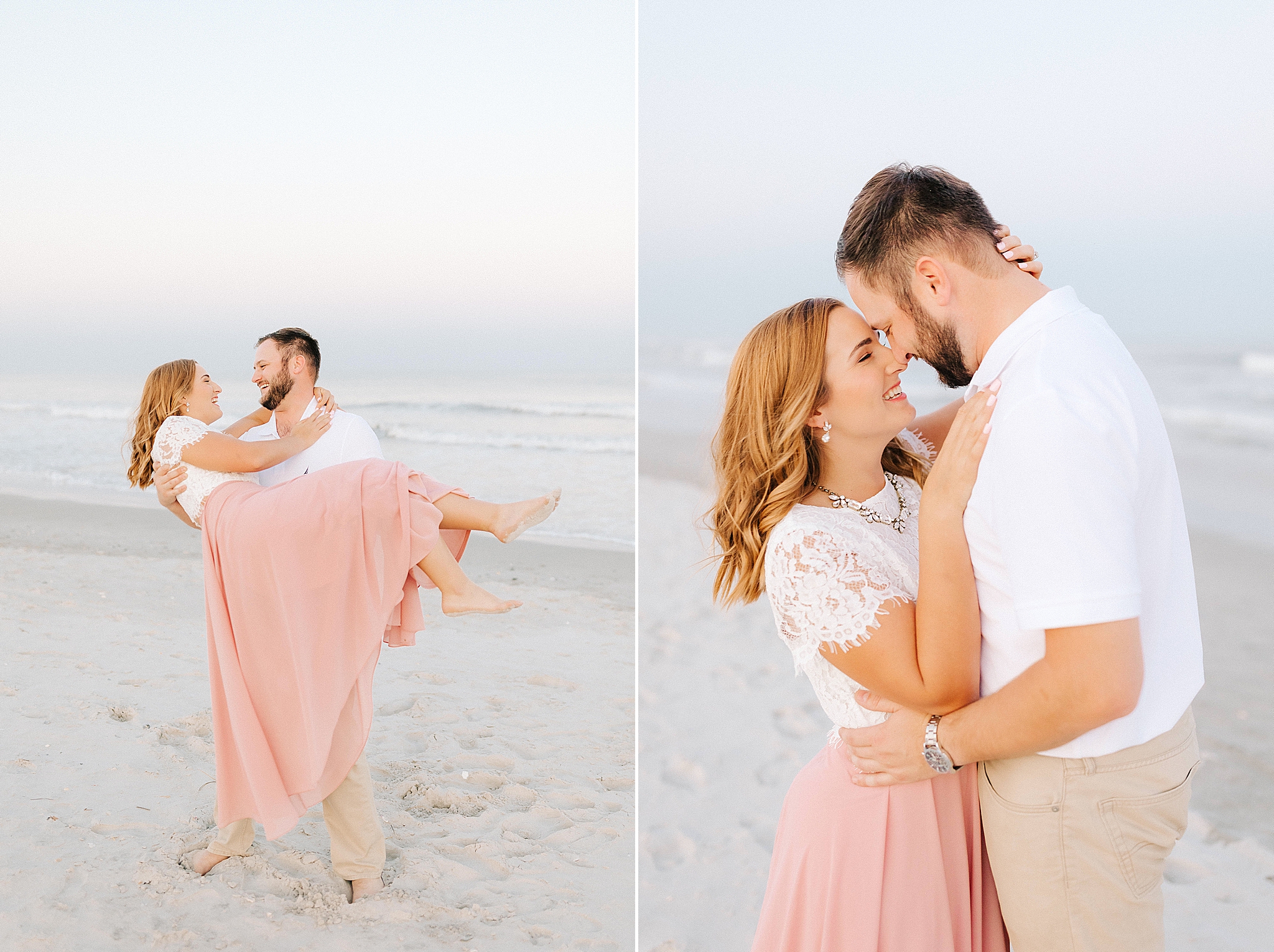 engaged couple poses on beach during Wilmington engagement session