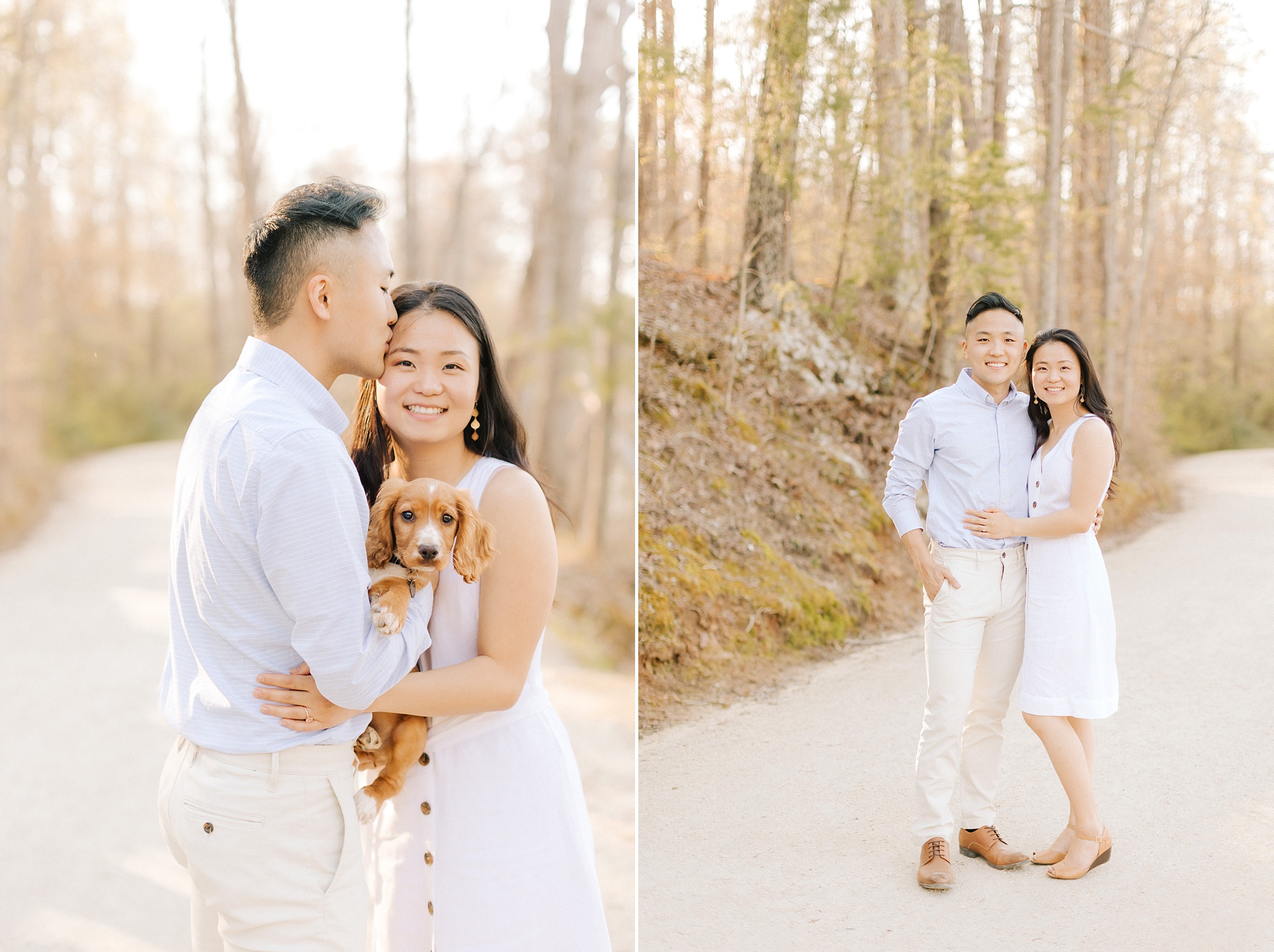 bride and groom hold puppy during NC engagement session
