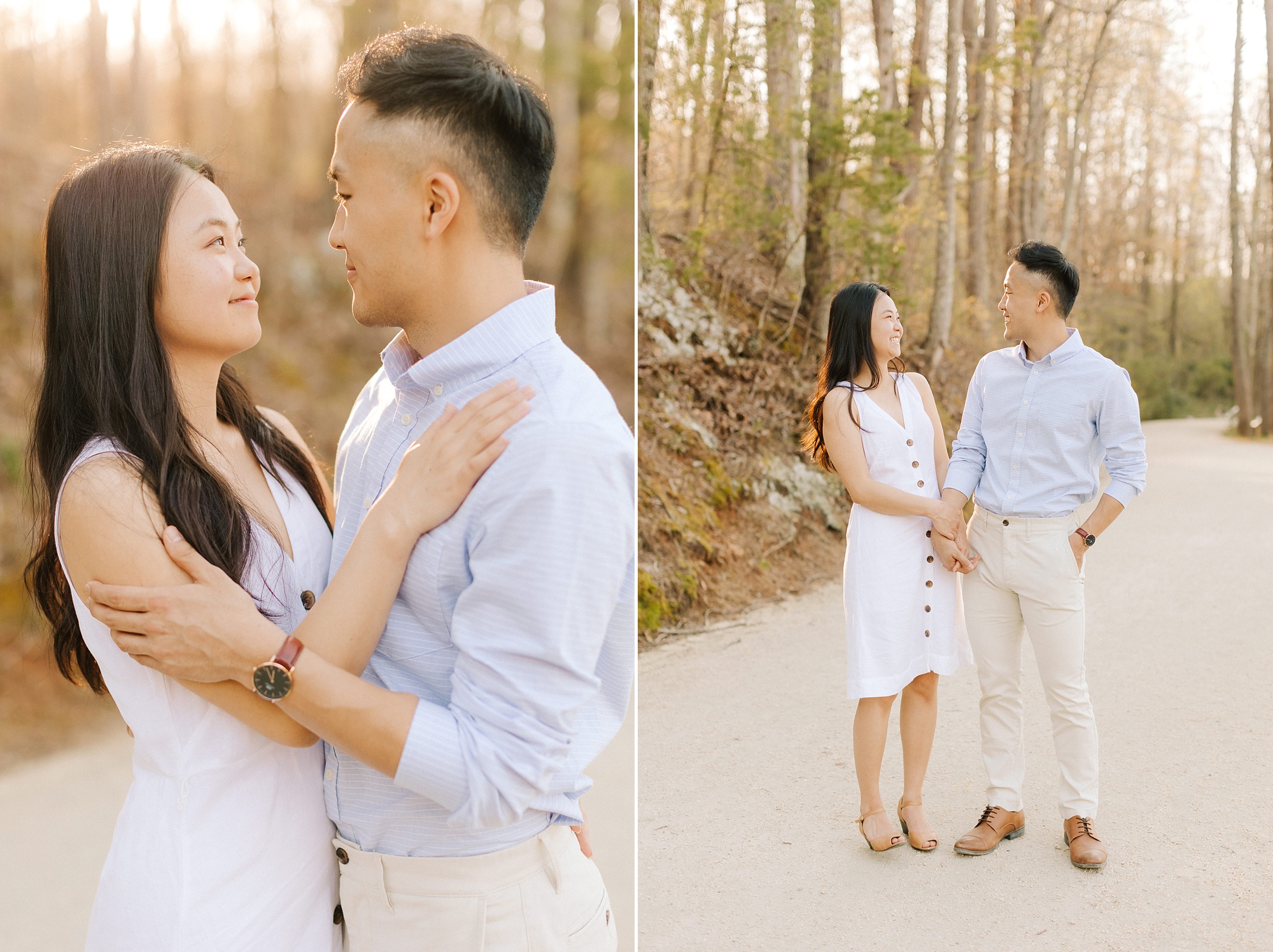 spring engagement session in wooded area of Salem Lake