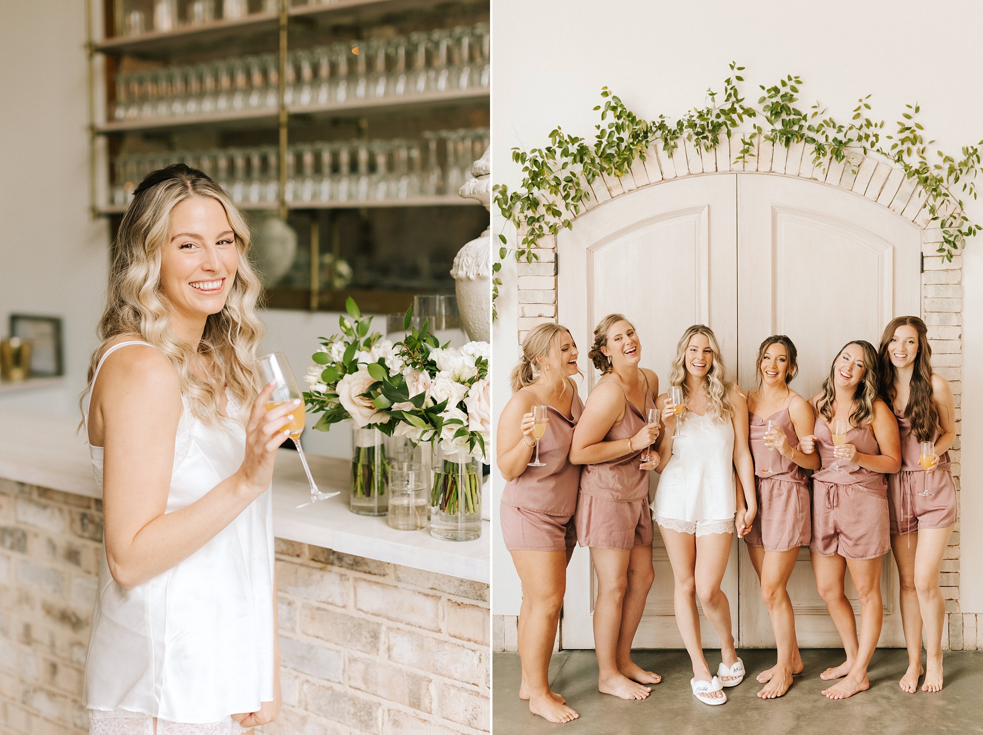 bride and bridesmaids toast with champagne before Wrightsville Manor wedding