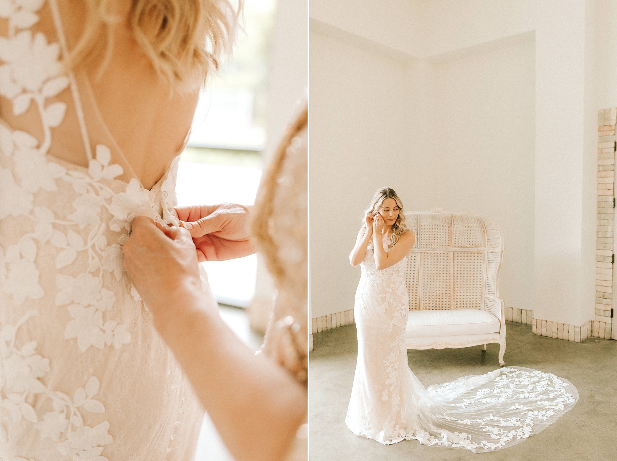 bride adjusts earrings and has dress buttoned up before NC wedding