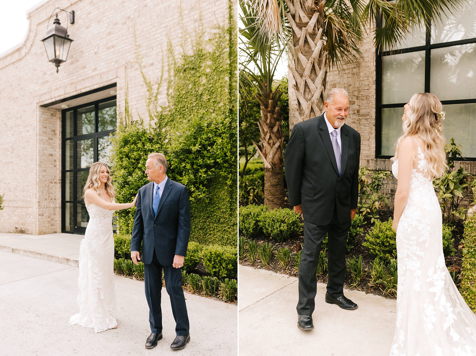 bride has first look with dad and grandfather 