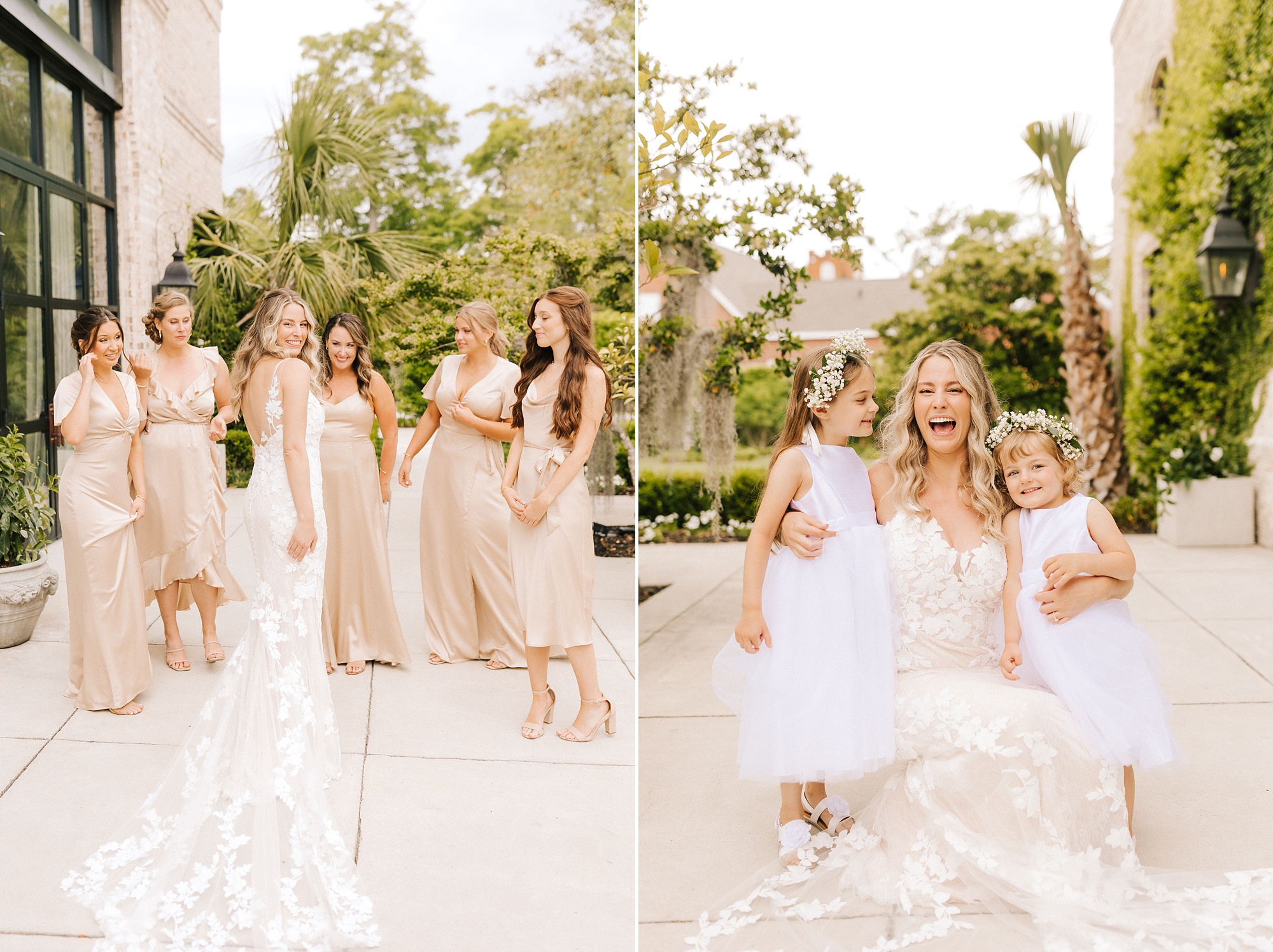 bride and bridesmaids in gold dresses smile before NC wedding day