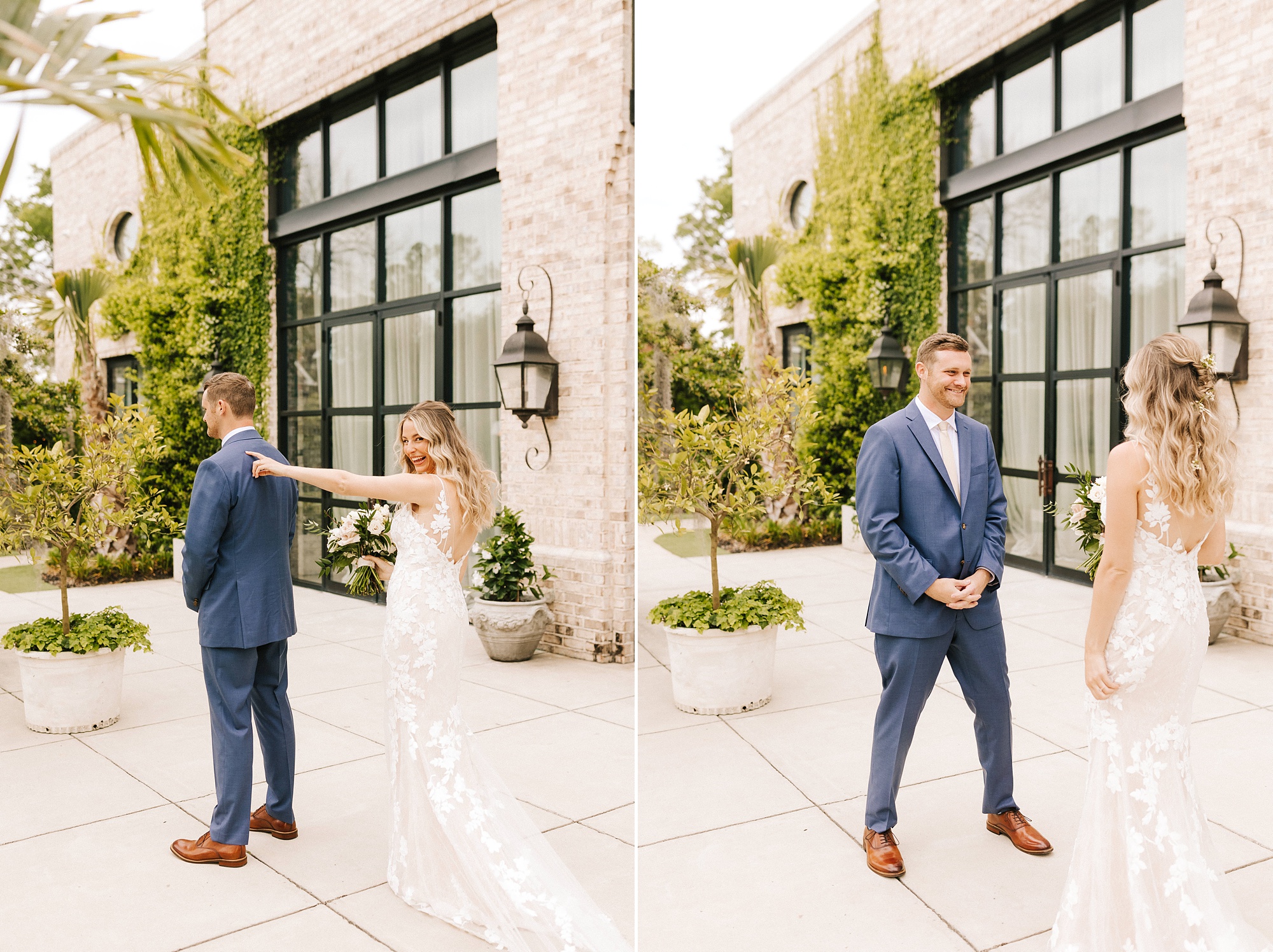bride approaches groom for first look on patio of Wrightsville Manor