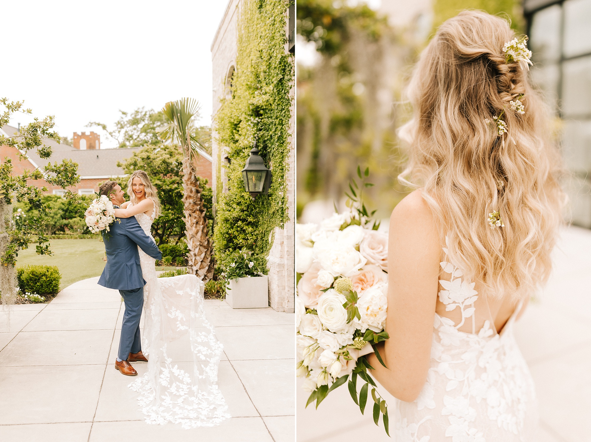 groom lifts bride during wedding photos in Wilmington NC