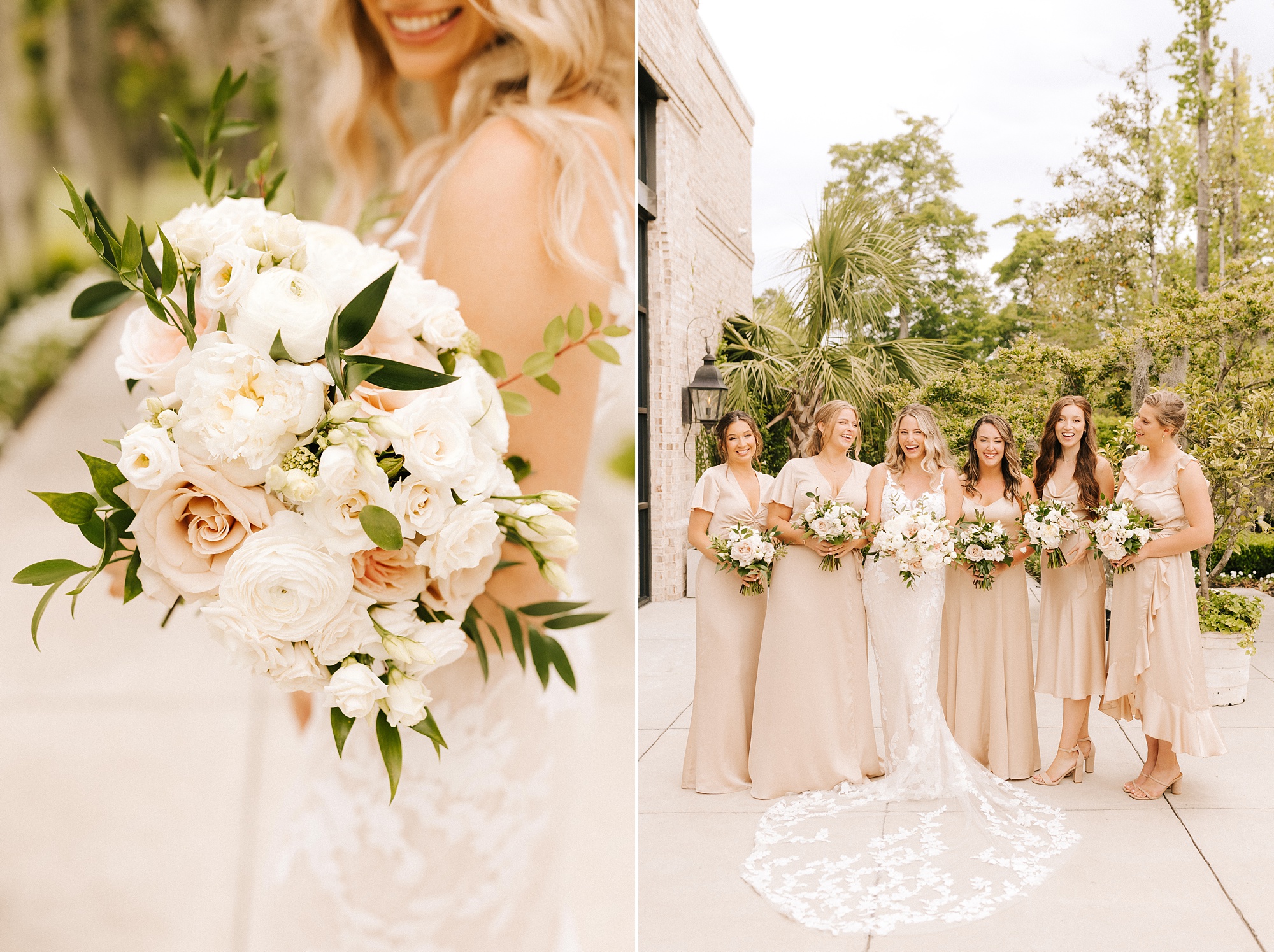 bride holds bouquet of all-white flowers with bridesmaids in champagne gowns