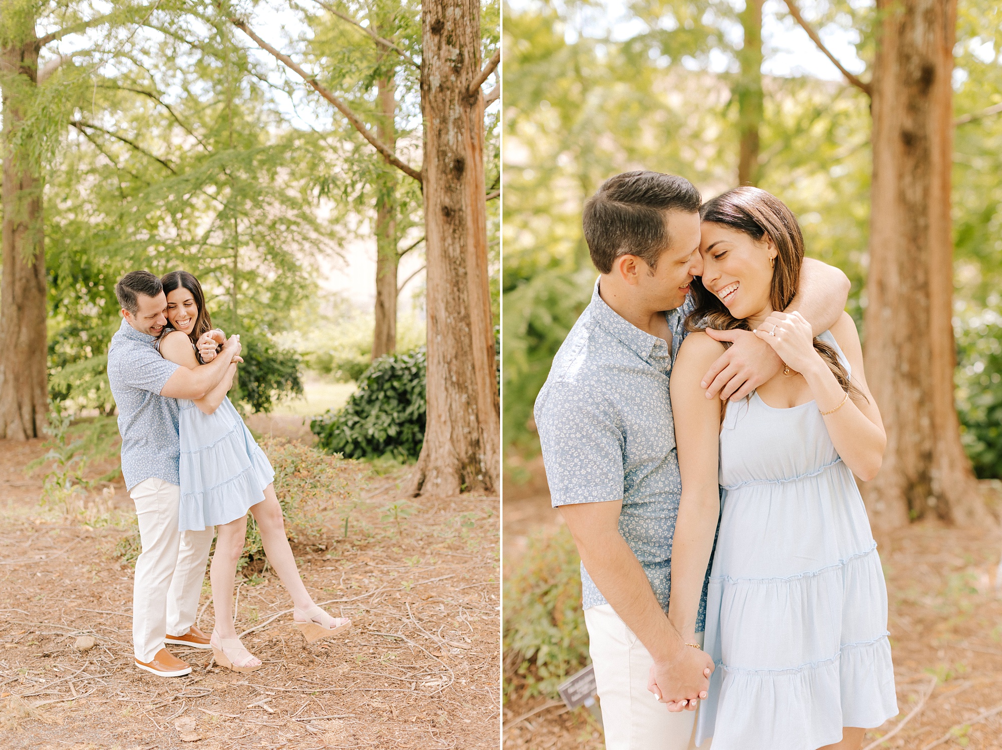 JC Raulston Arboretum engagement session in the spring with couple in blue outfits 