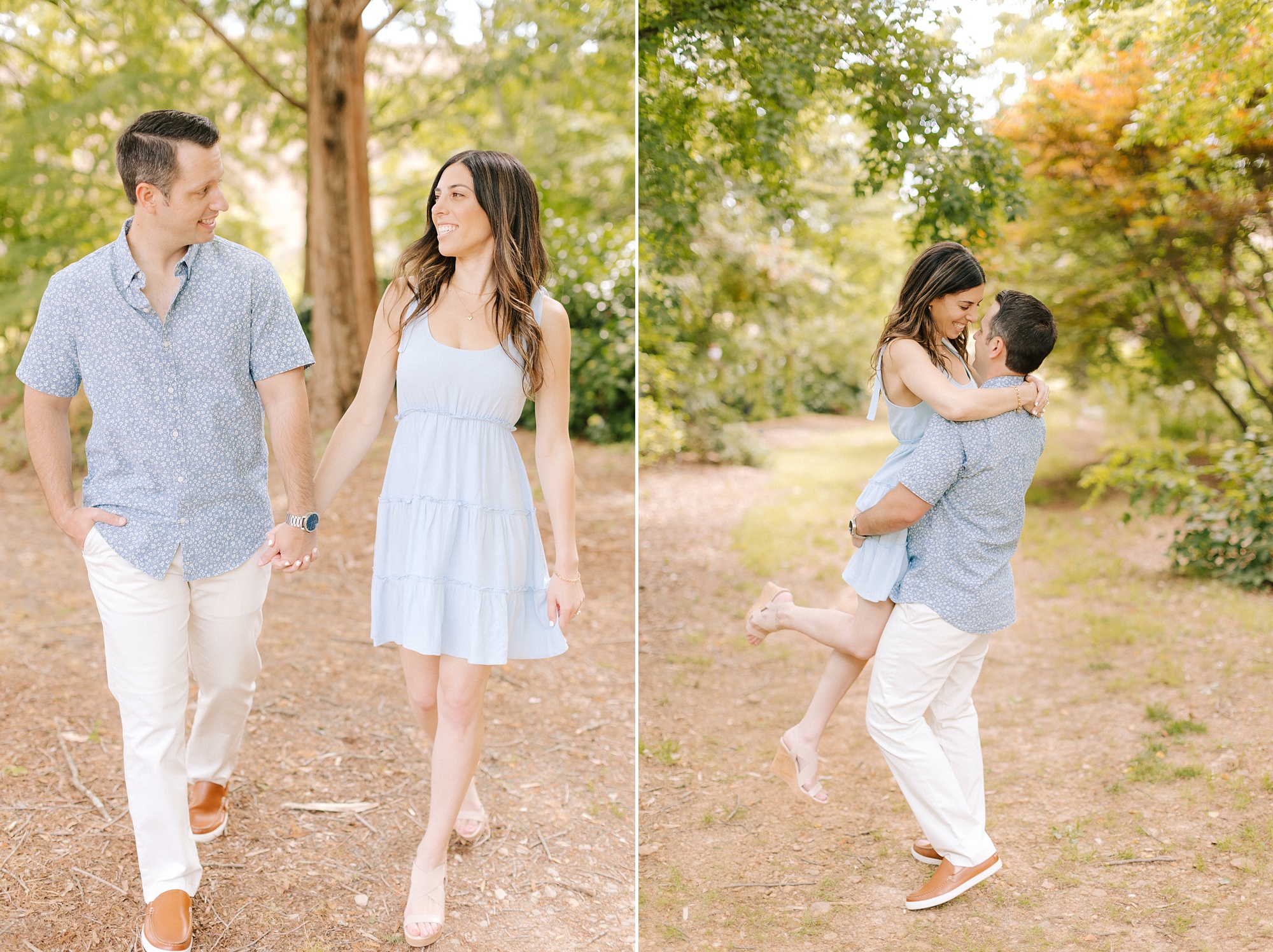 groom lifts bride up during spring JC Raulston Arboretum engagement session 
