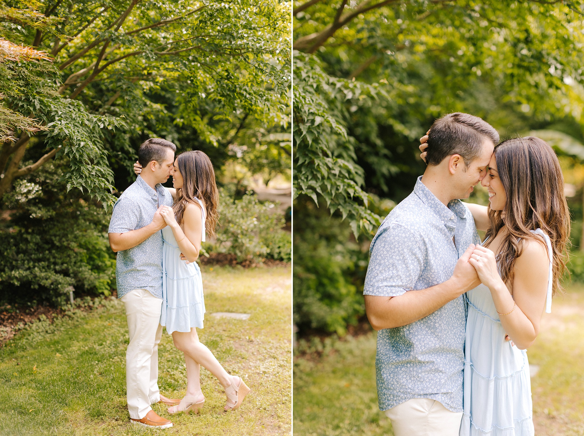 engaged couple in blue outfits dance during JC Raulston Arboretum engagement photos 