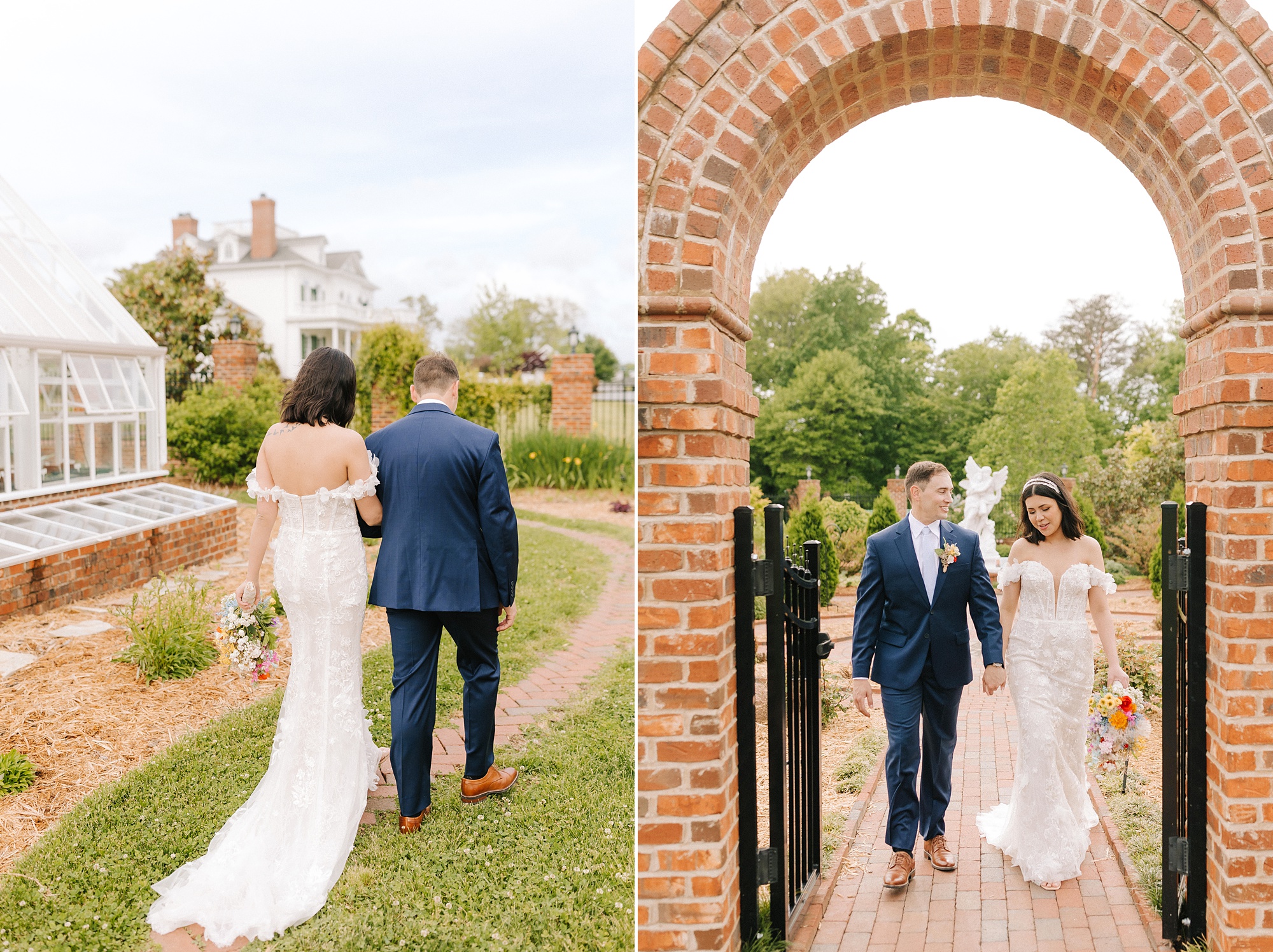 Moore's Spring Manor elopement portraits of bride and groom under brick archway 
