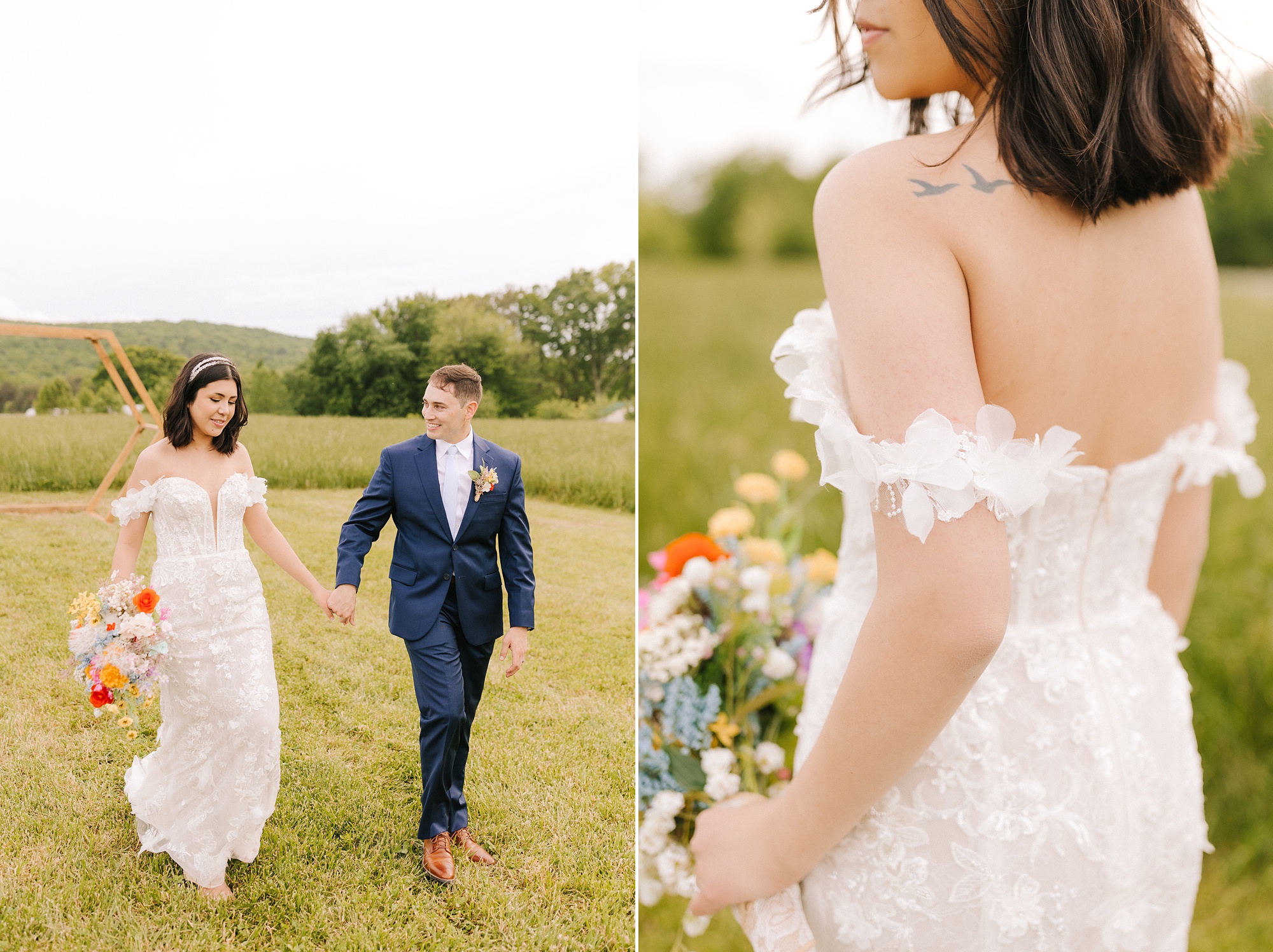 bride and groom walk down fields after Moore's Spring Manor elopement