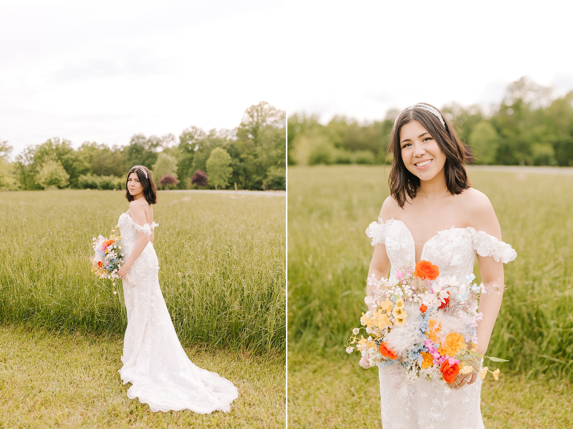 bride in off the shoulder gown holds bouquet of wild flowers 