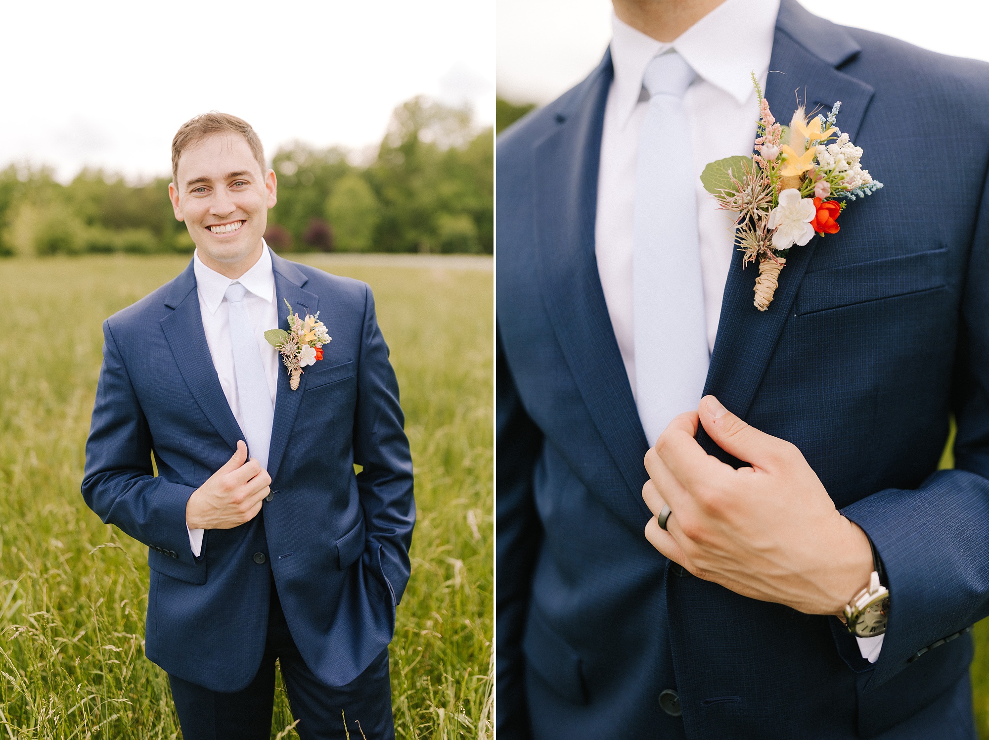 groom in navy suit smiles during Moore's Spring Manor elopement
