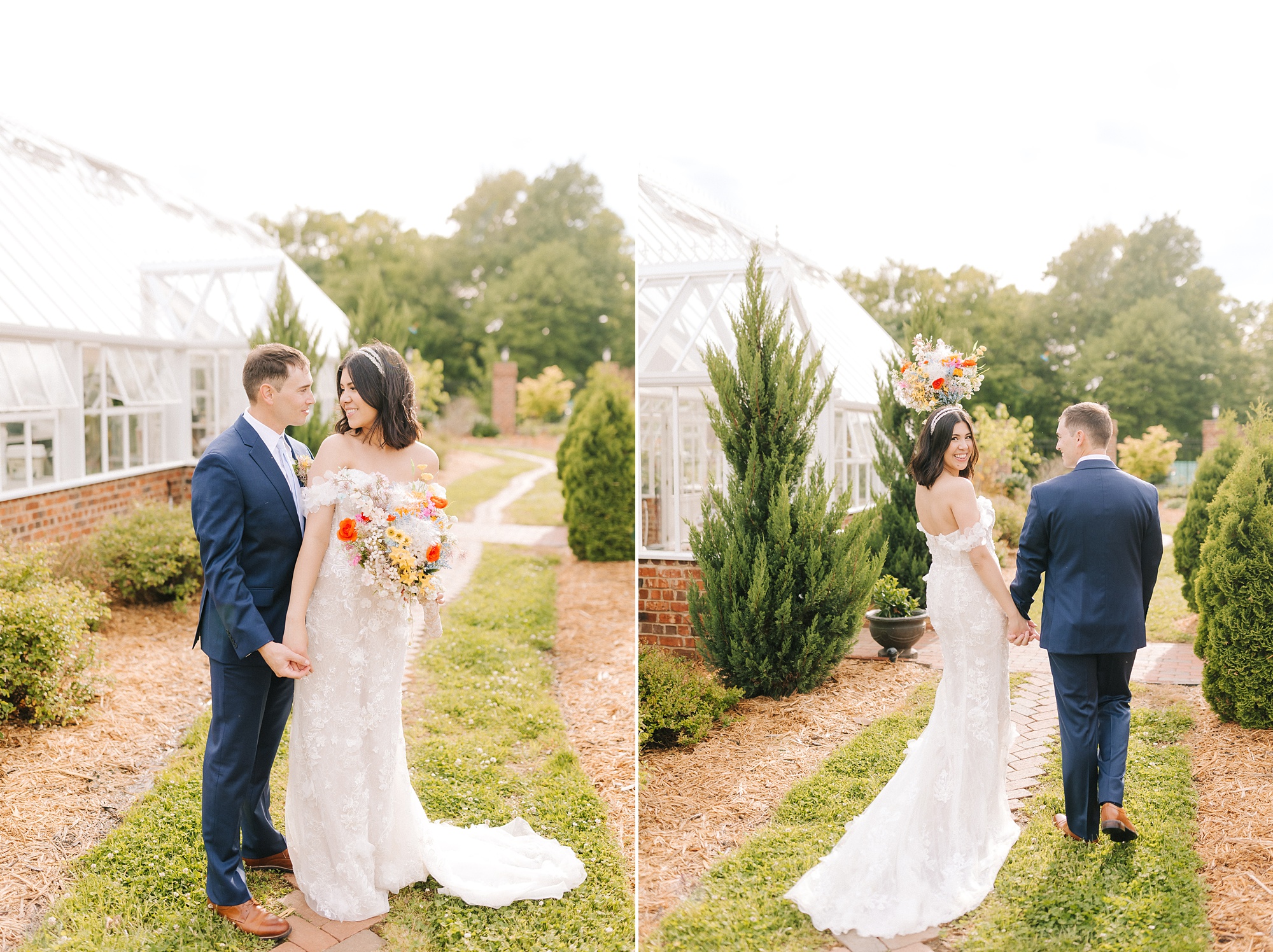 newlyweds walk through gardens during Moore's Spring Manor elopement
