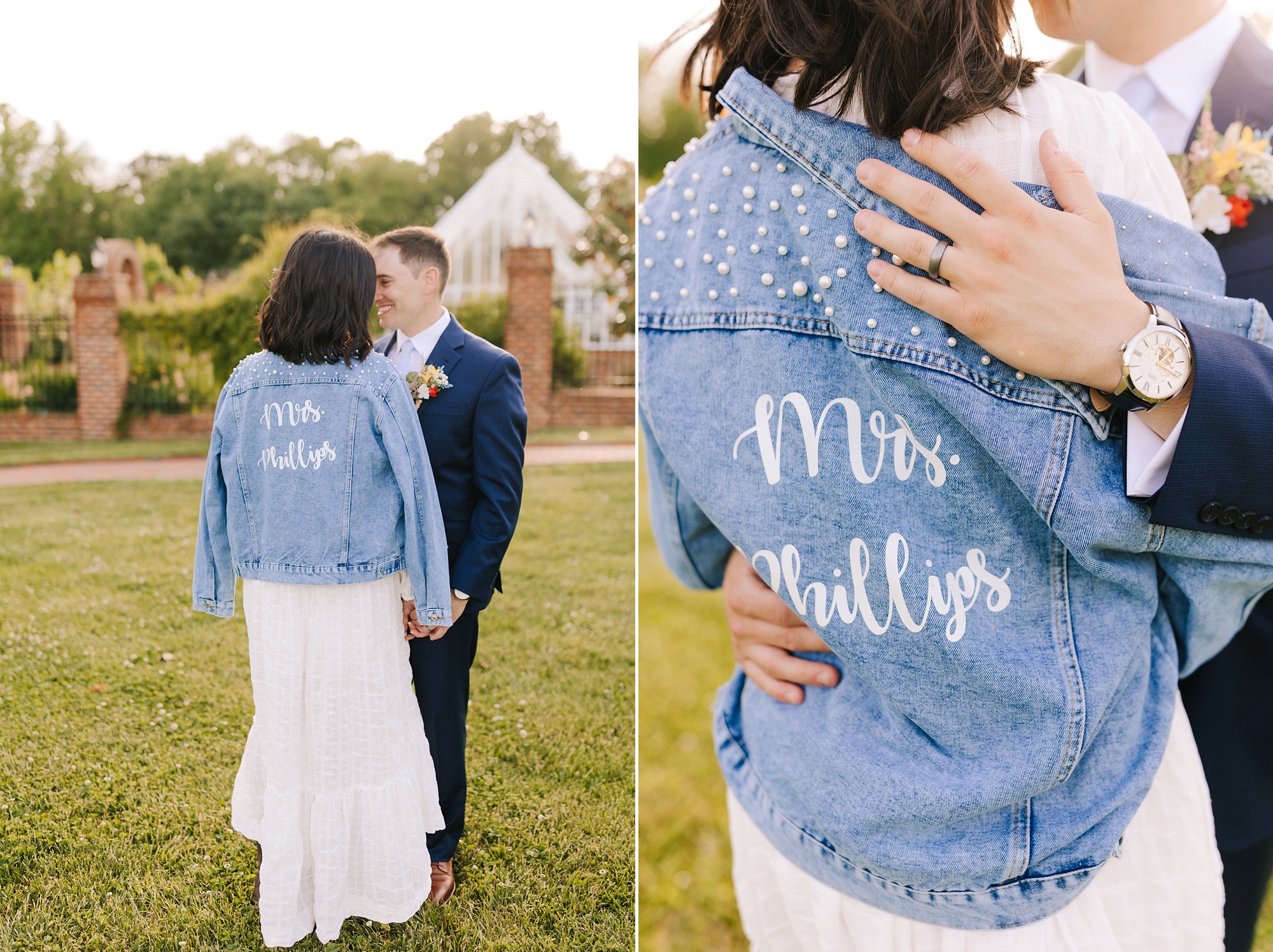 bride and groom hug showing off bride's custom jean jacket
