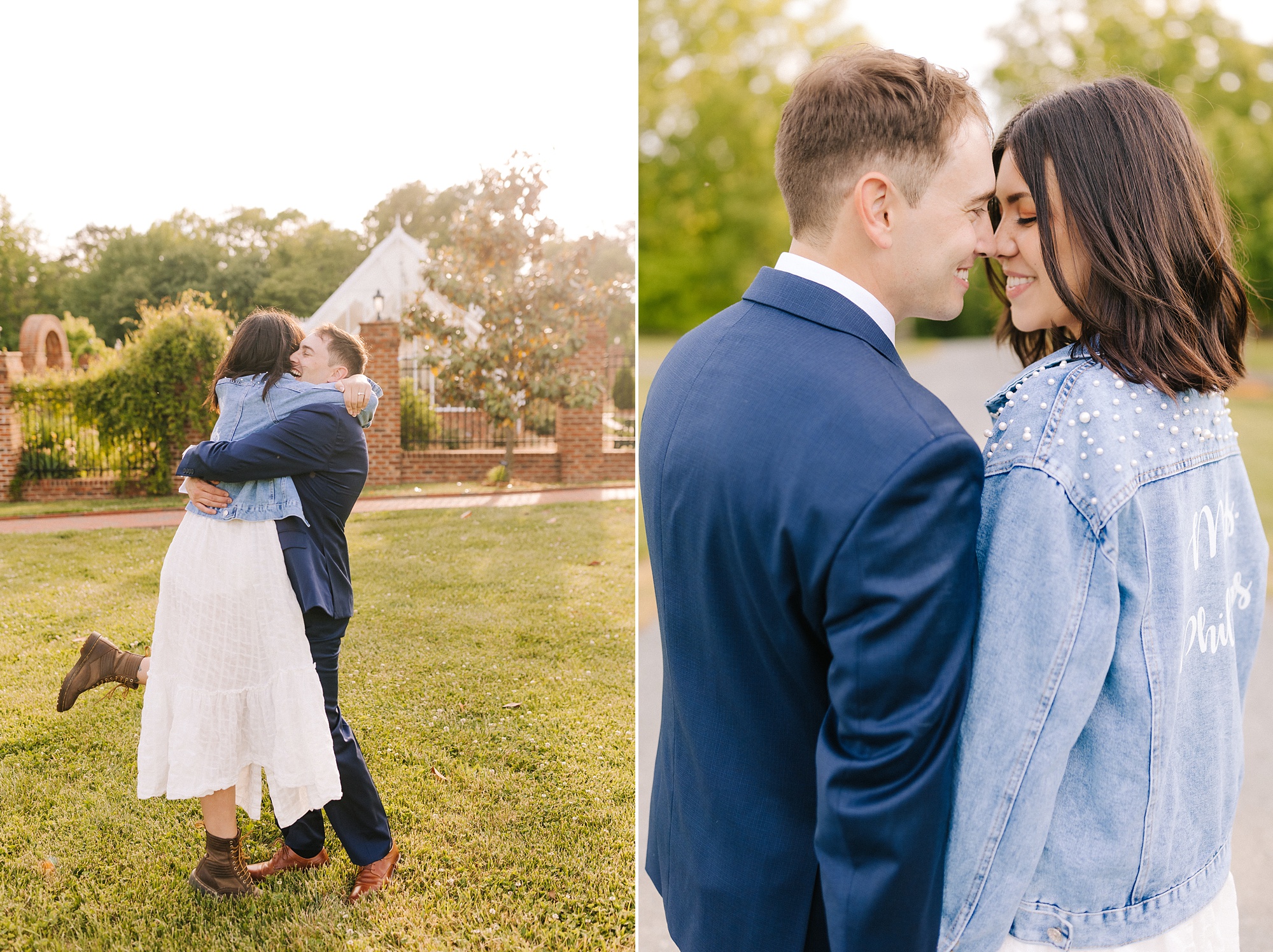bride in jean jacket and groom kiss