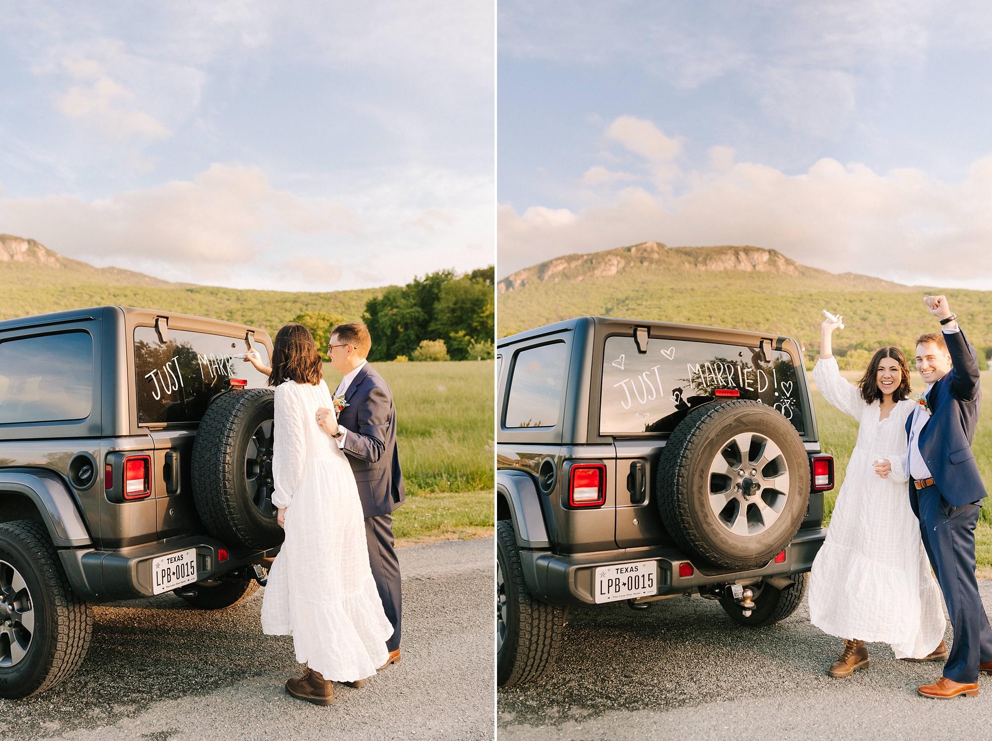 married couple kisses by jeep after Moore's Spring Manor elopement