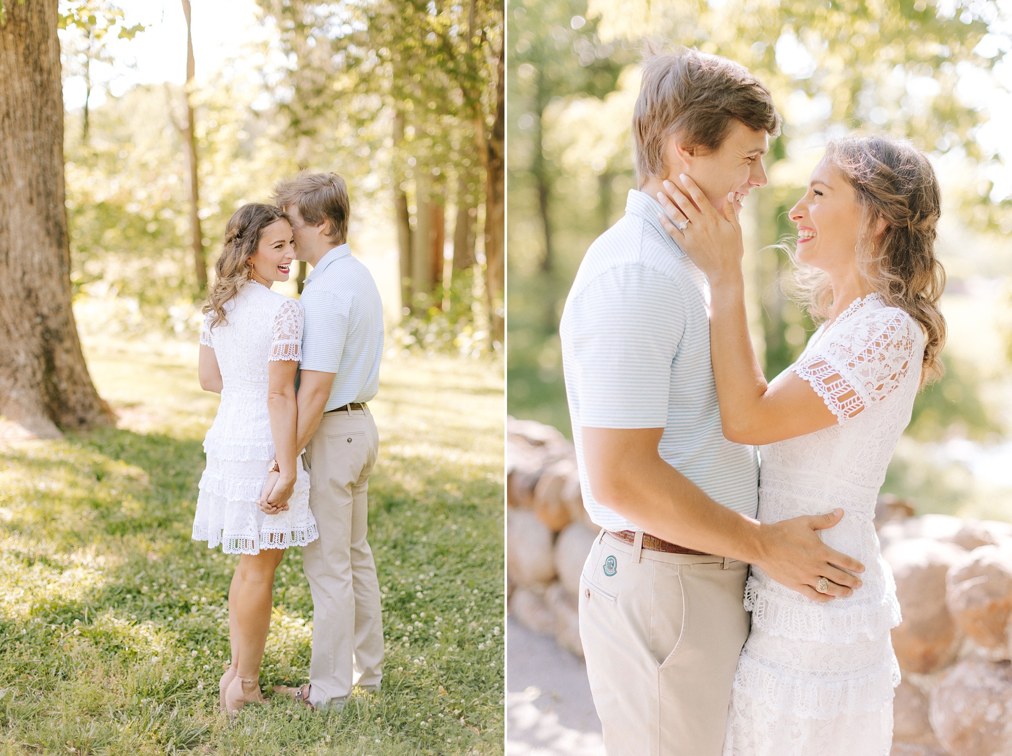 spring engagement portraits in Reynolda Gardens for couple in white and pastel outfits