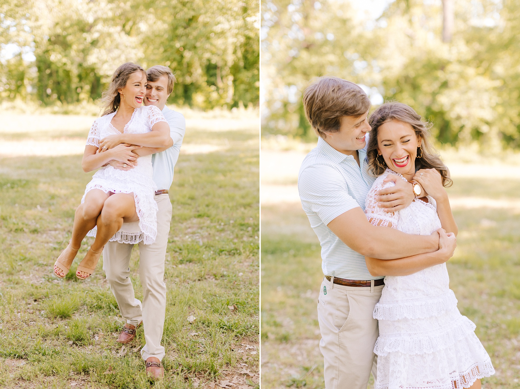 groom lifts bride up during spring engagement photos in Winston-Salem NC