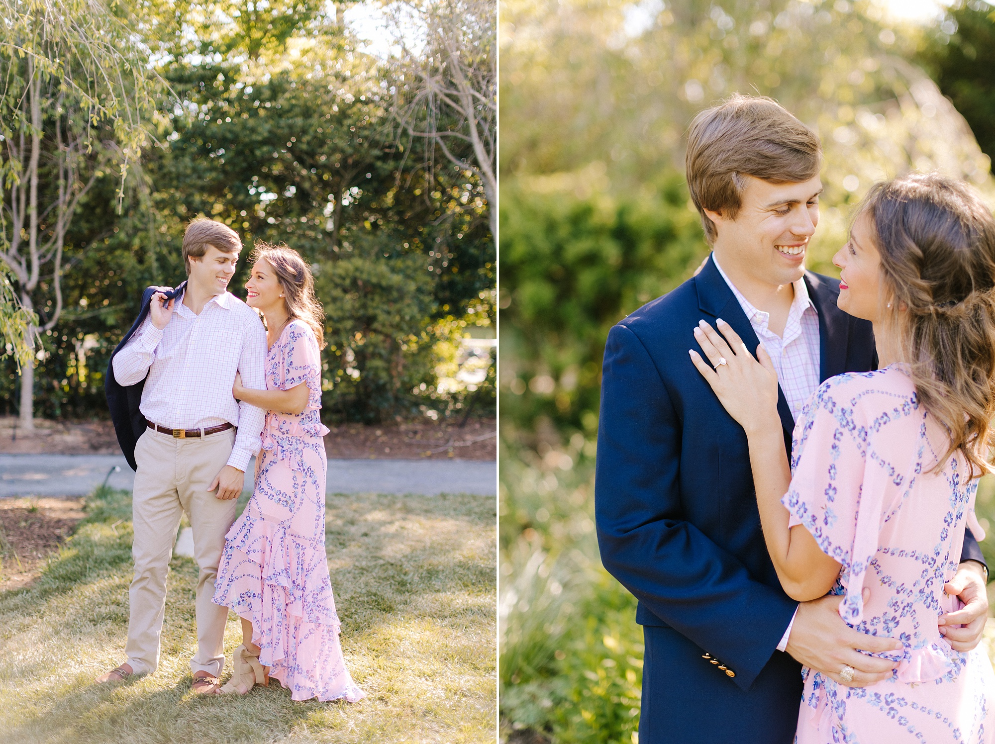 bride and groom in pink and navy outfits pose in Reynolda Gardens