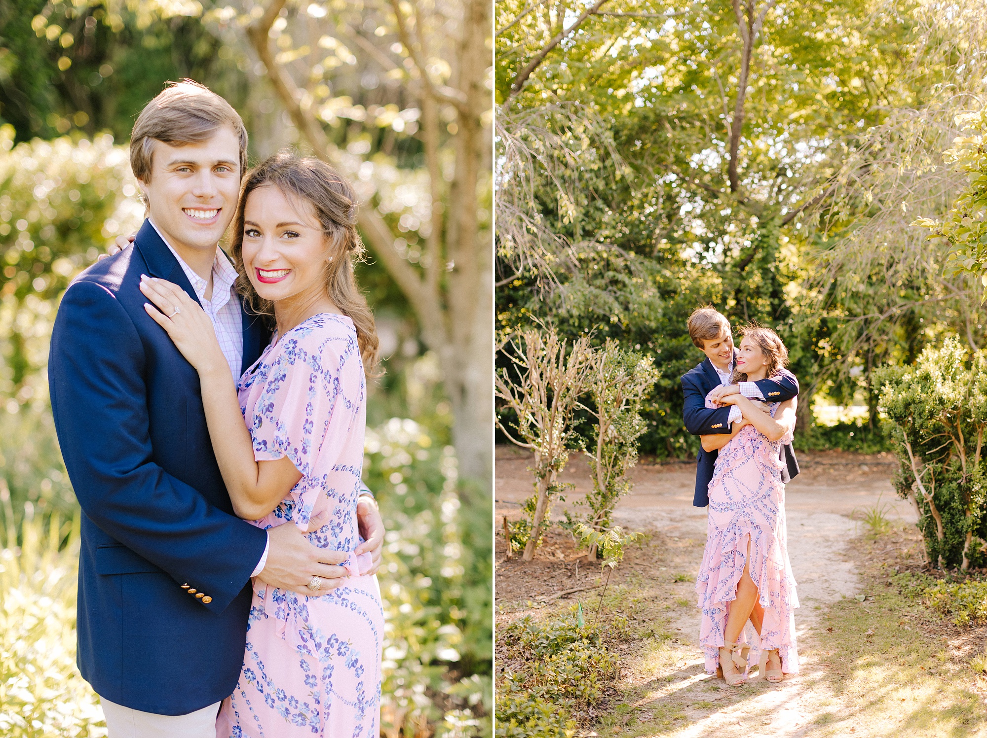 spring Reynolda Gardens engagement portraits for couple in pink and blue outfits 
