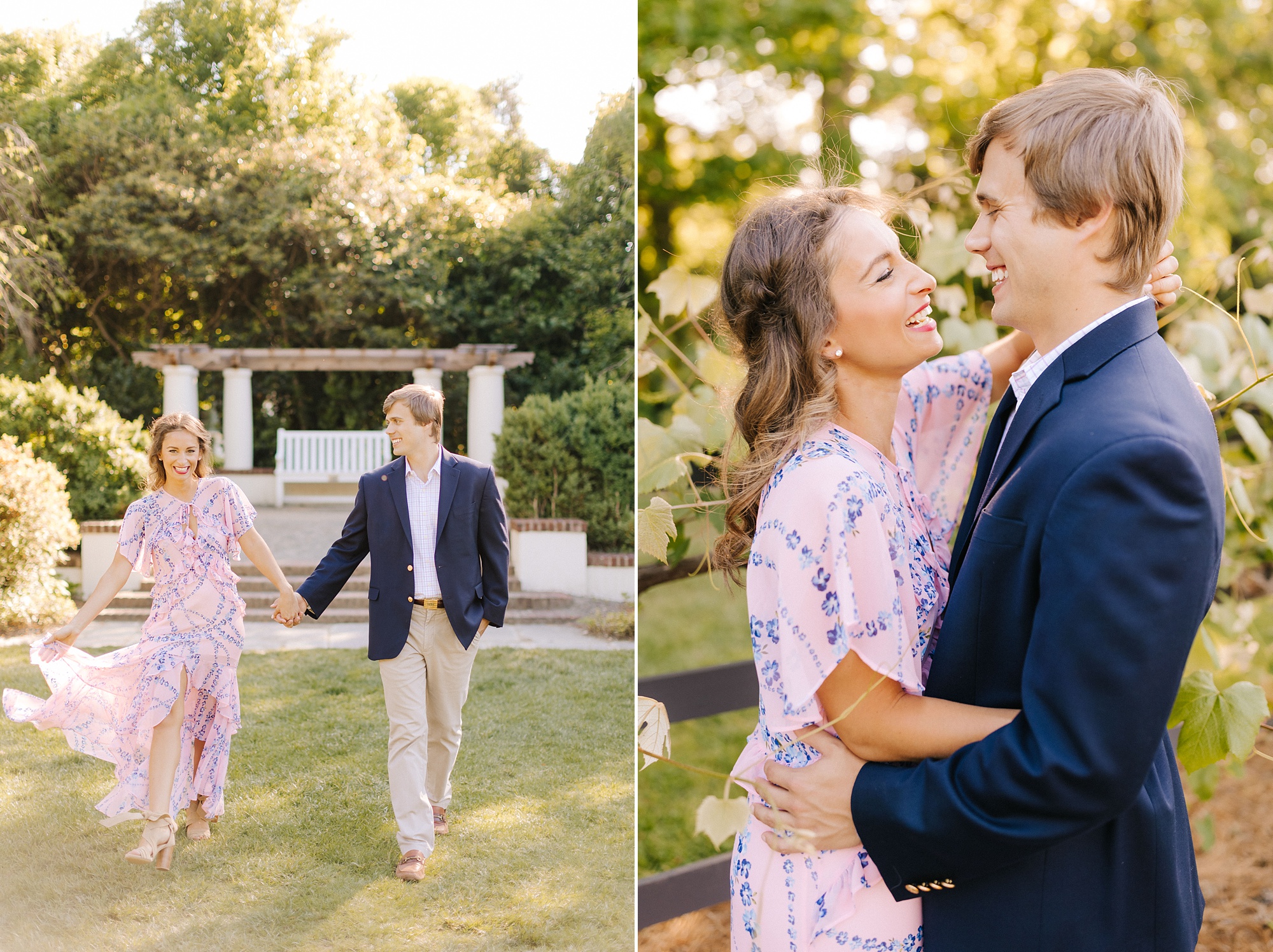 Reynolda Gardens engagement portraits for couple in pink and navy outfits