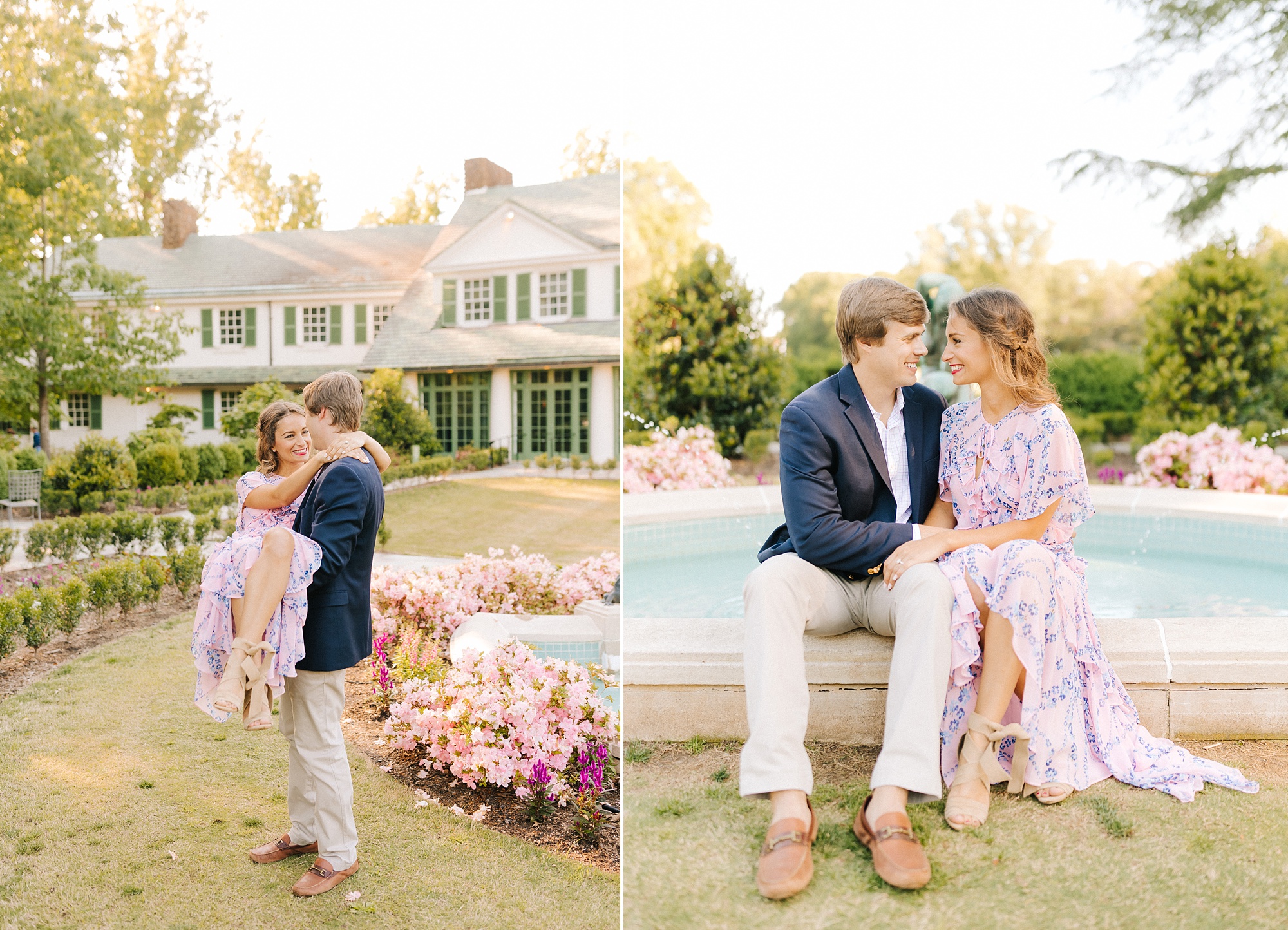 engagement session with couple by fountain at Reynolda Gardens