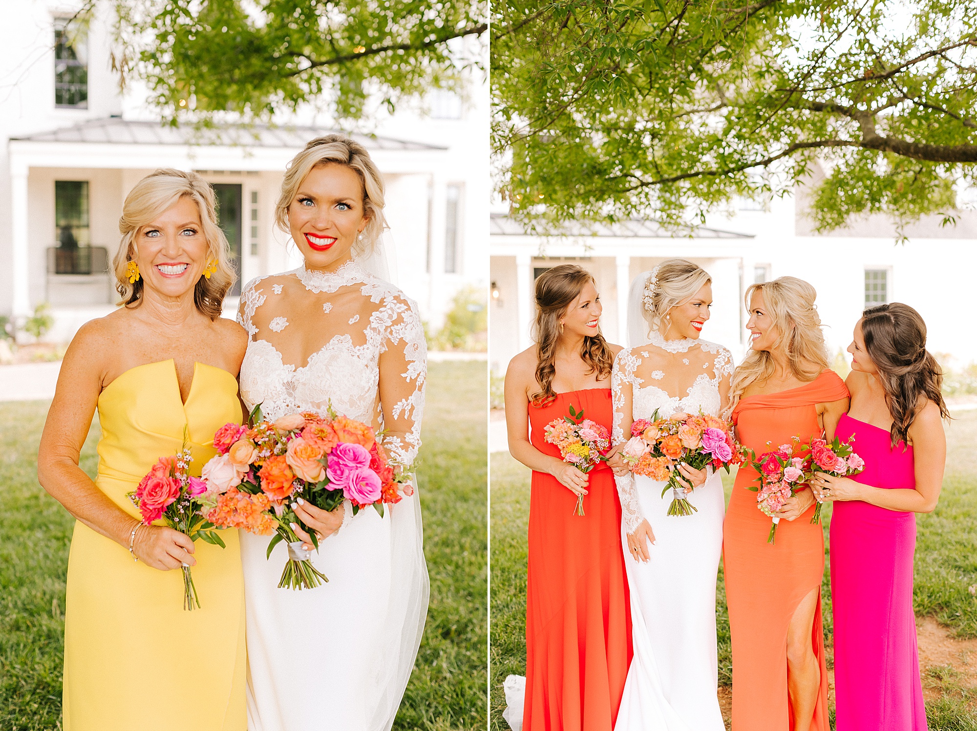 bride poses with bridesmaids and mom in bright gowns