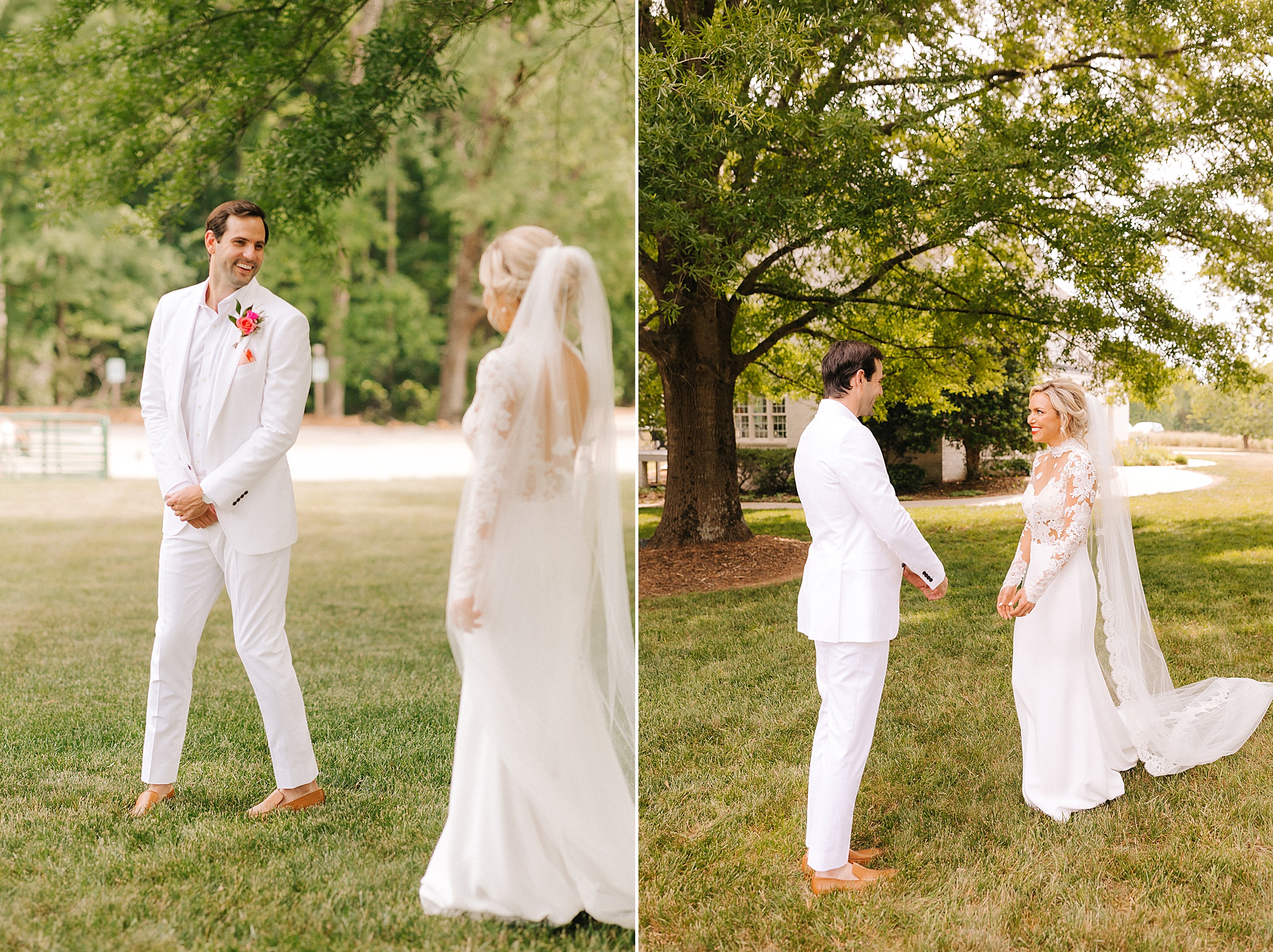 bride and groom have first look in Raleigh NC